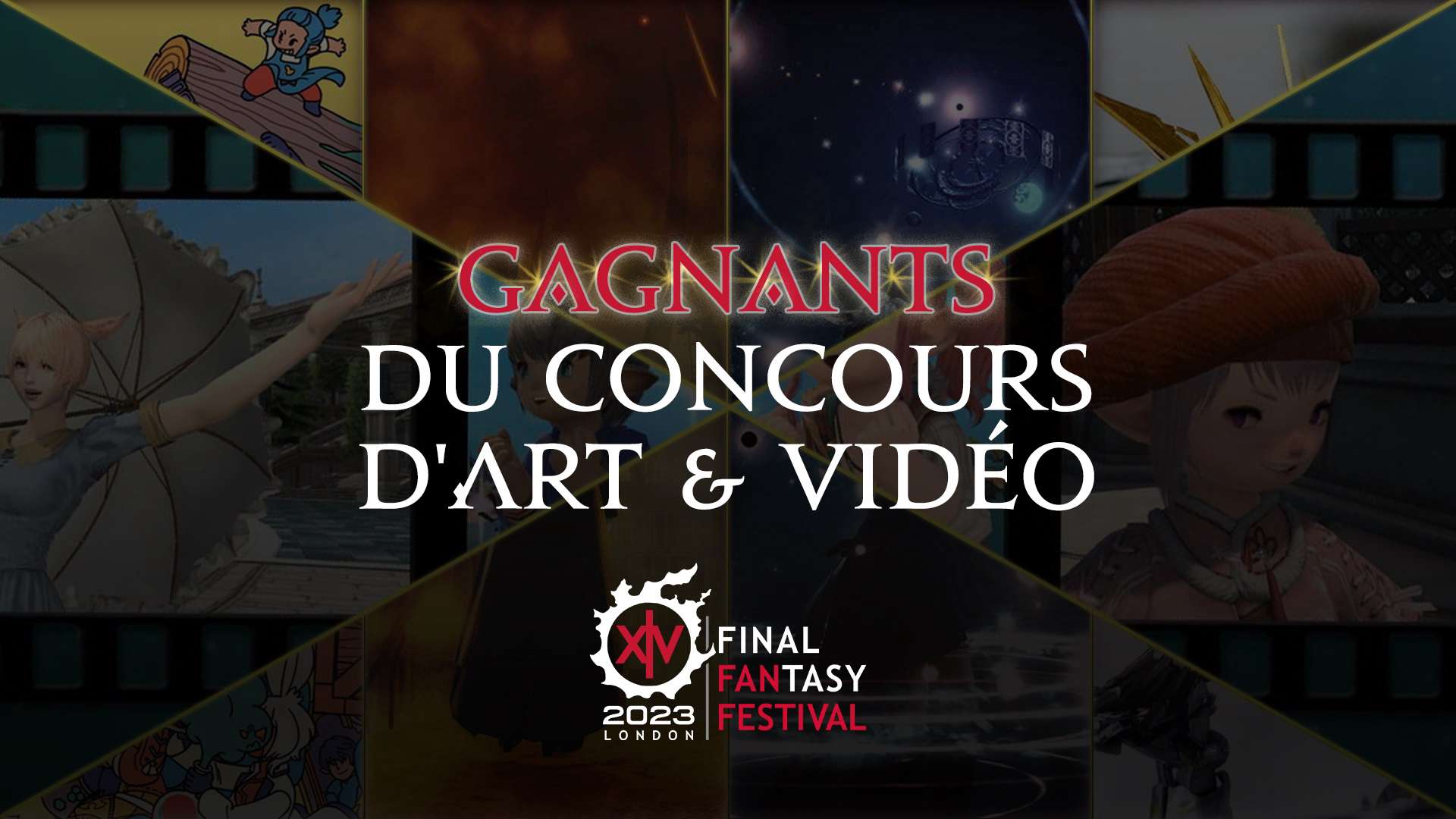 Une bannière présentant diverses œuvres sur le thème de Final Fantasy 14. Au centre, on peut lire 