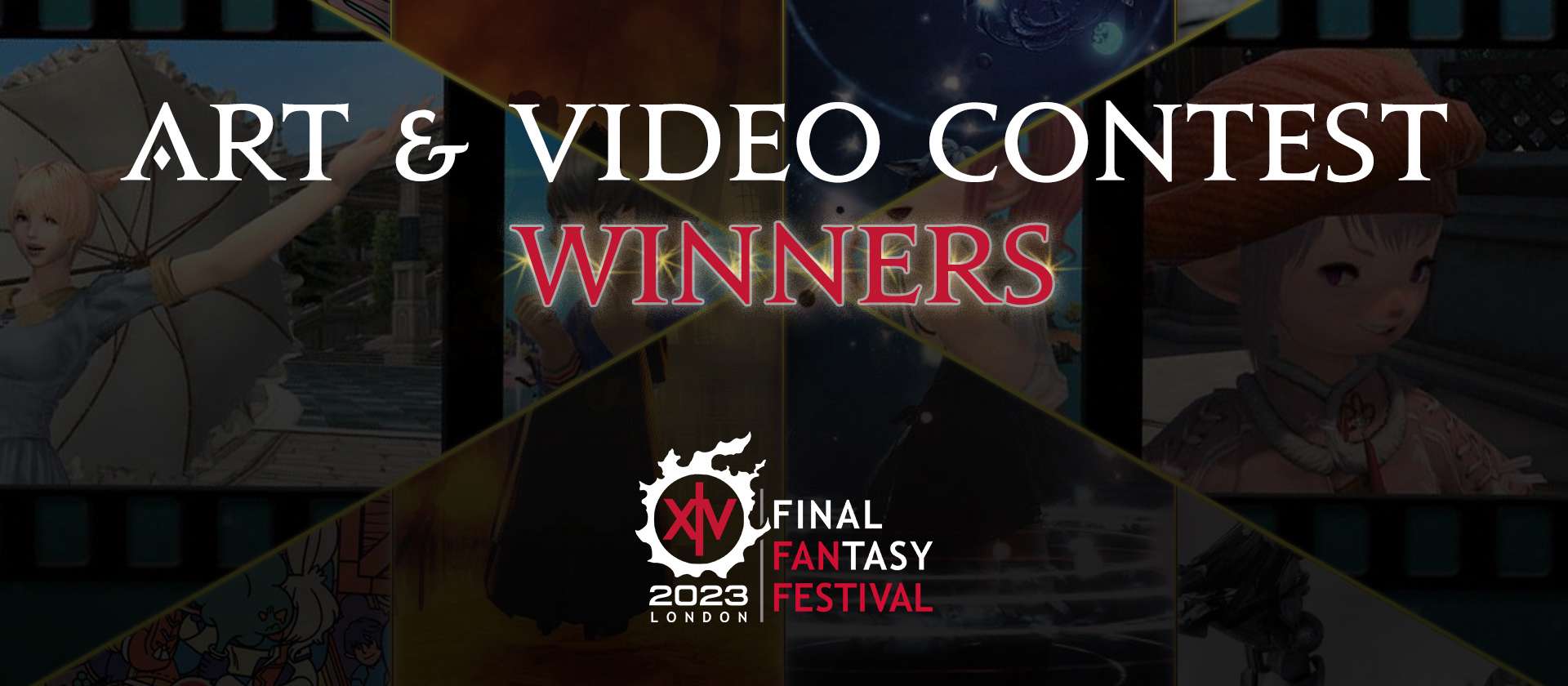Banner reads art and video contest winners. The Final Fantasy 14 Fan Festival 2023 in London logo is at the bottom.