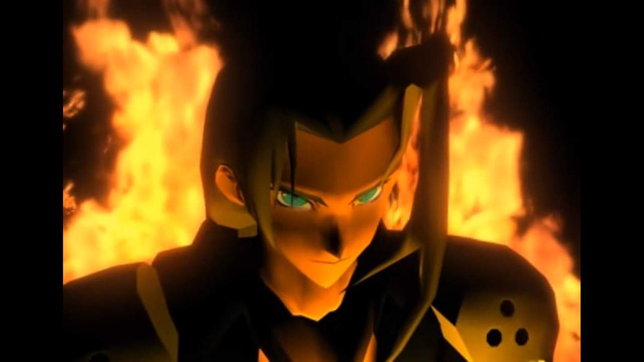 Sephiroth surrounded by flames in Nibelheim.