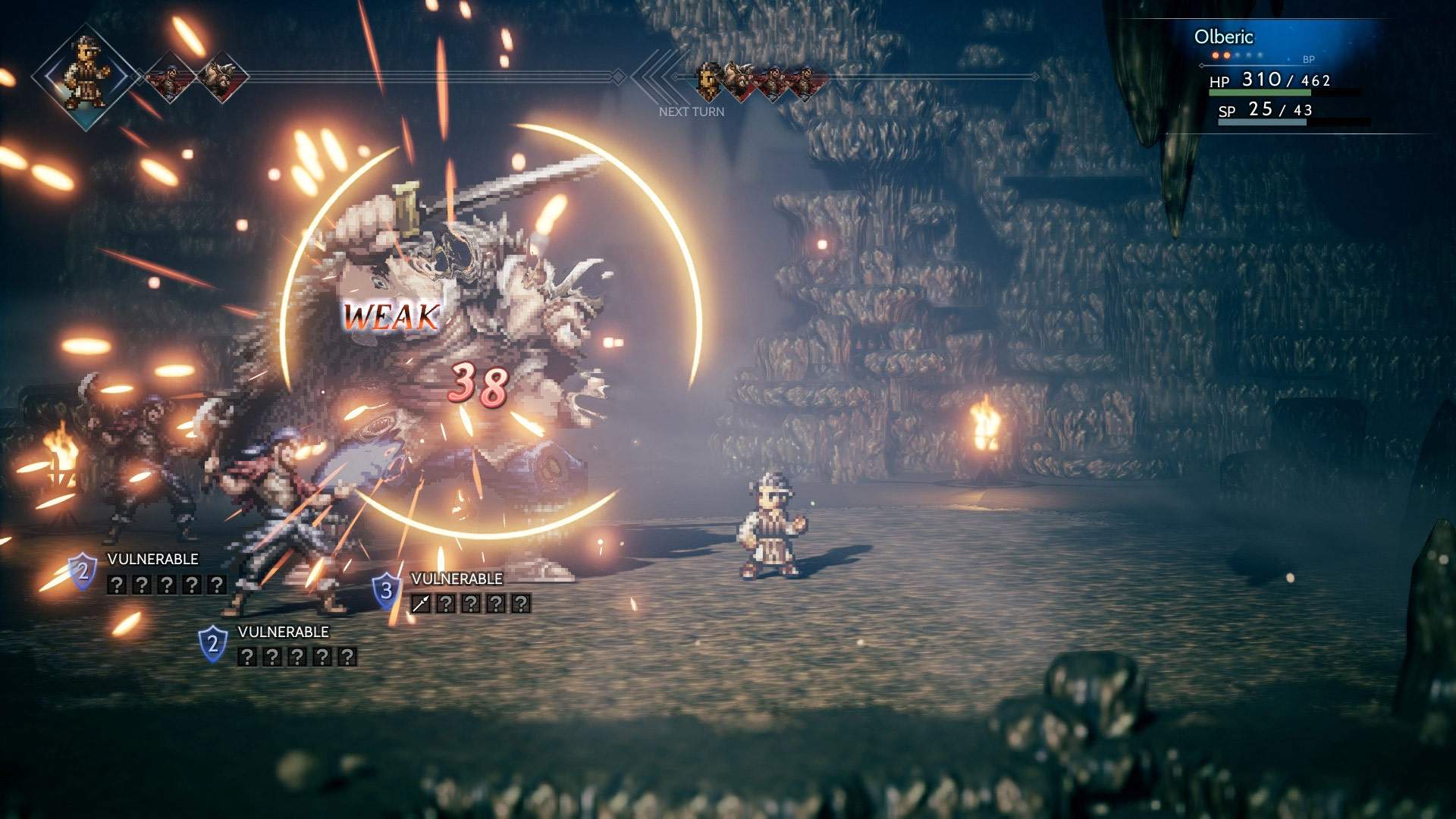 Der Screenshot zeigt Olberic, der in einem düsteren Dungeon drei Gegnern angreift.