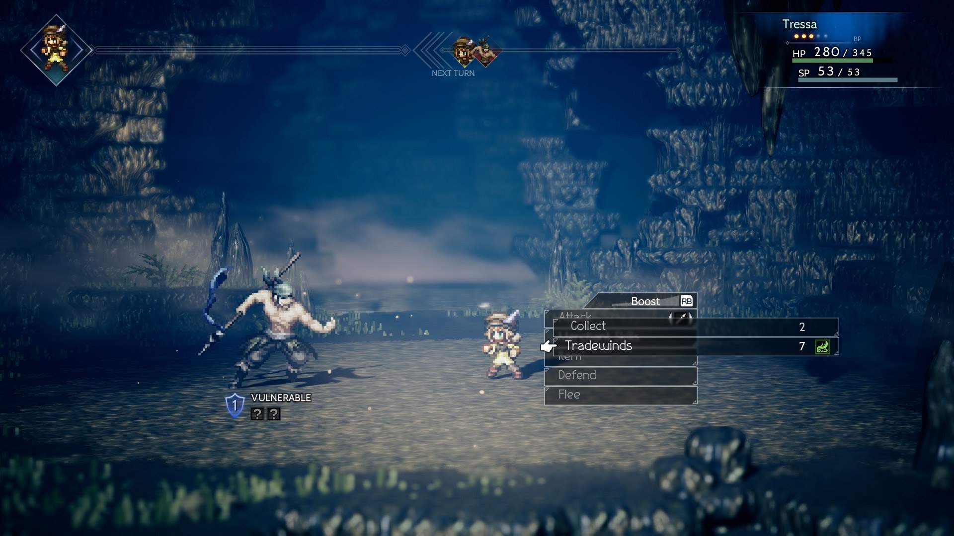 Der Screenshot zeigt einen düsteren Dungeon, in dem Tressa sich im rundenbasierten Kampf einem Gegner stellt.