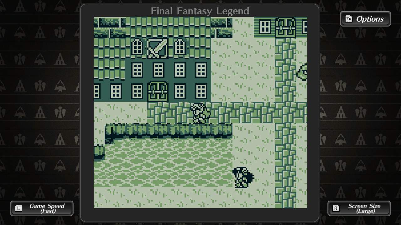 Dinámica de juego de COLLECTION of SaGa FINAL FANTASY LEGEND™ en un marco de consola de estilo antiguo. La dinámica de juego muestra a un personaje caminando por una ciudad.