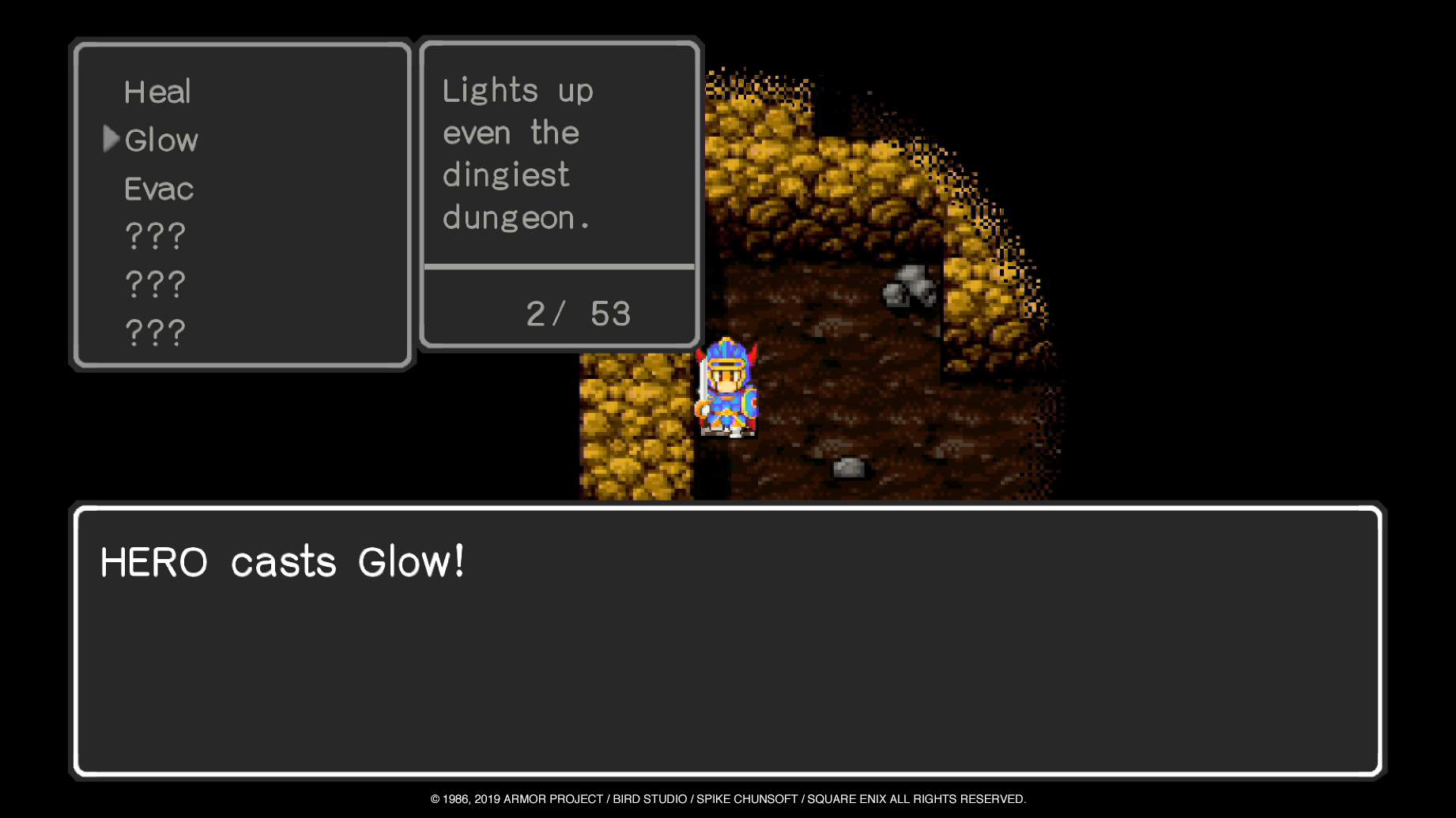 Hero in a cave casts Glow spell
