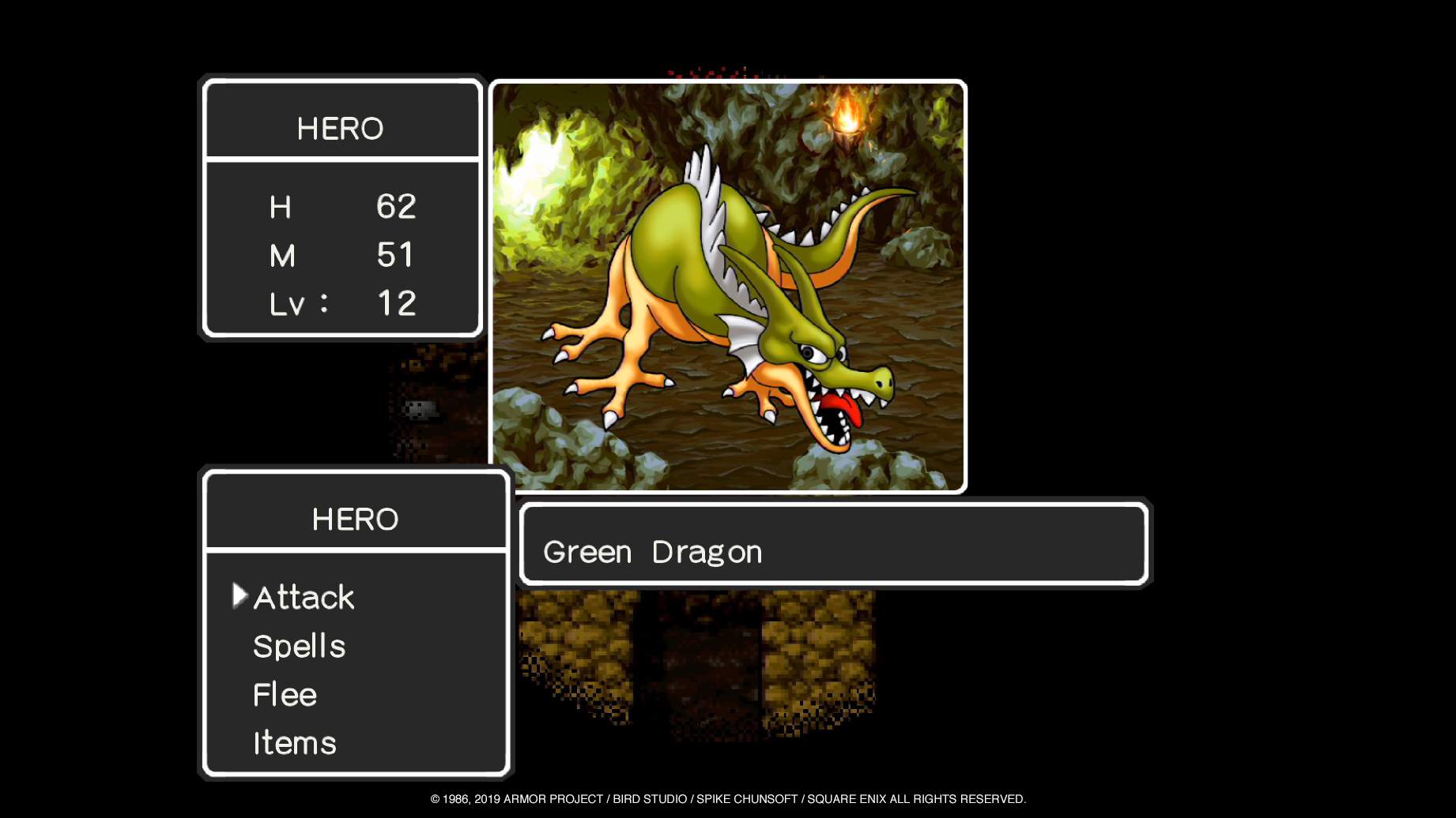 Hero choosing attack in battle menu against Green Dragon