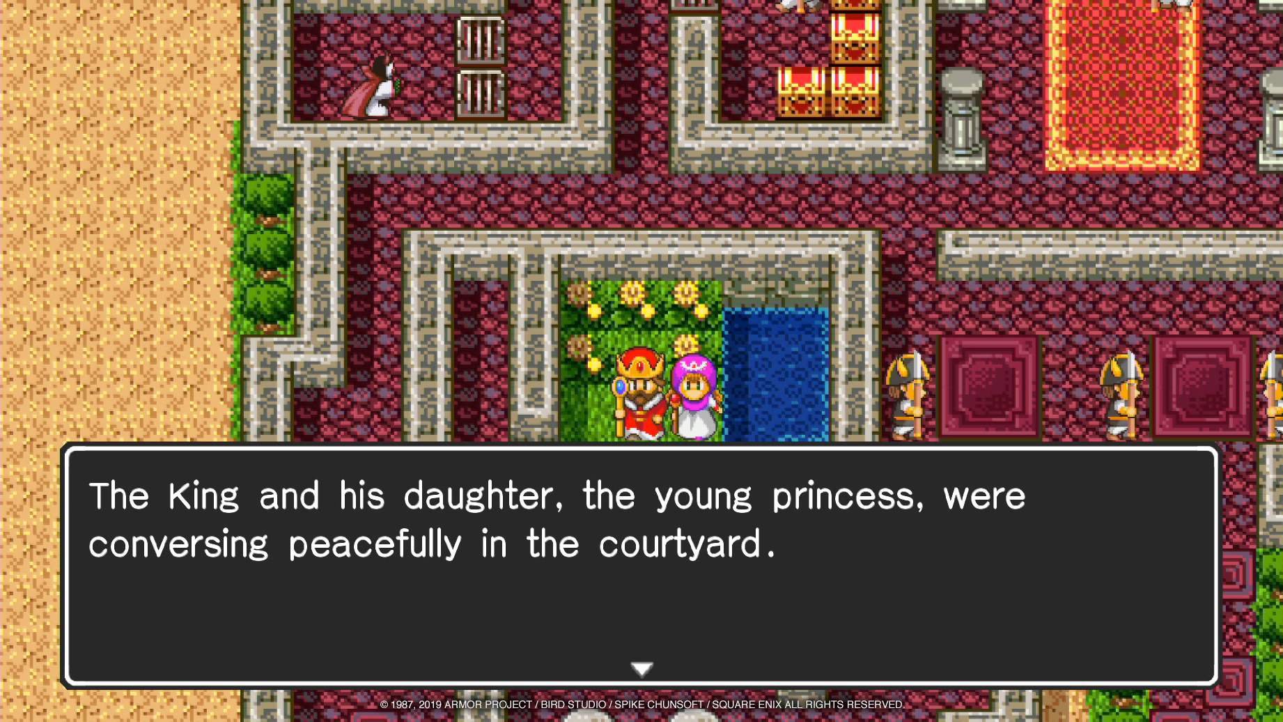 The king of Moonbrooke and his daughter converse in courtyard