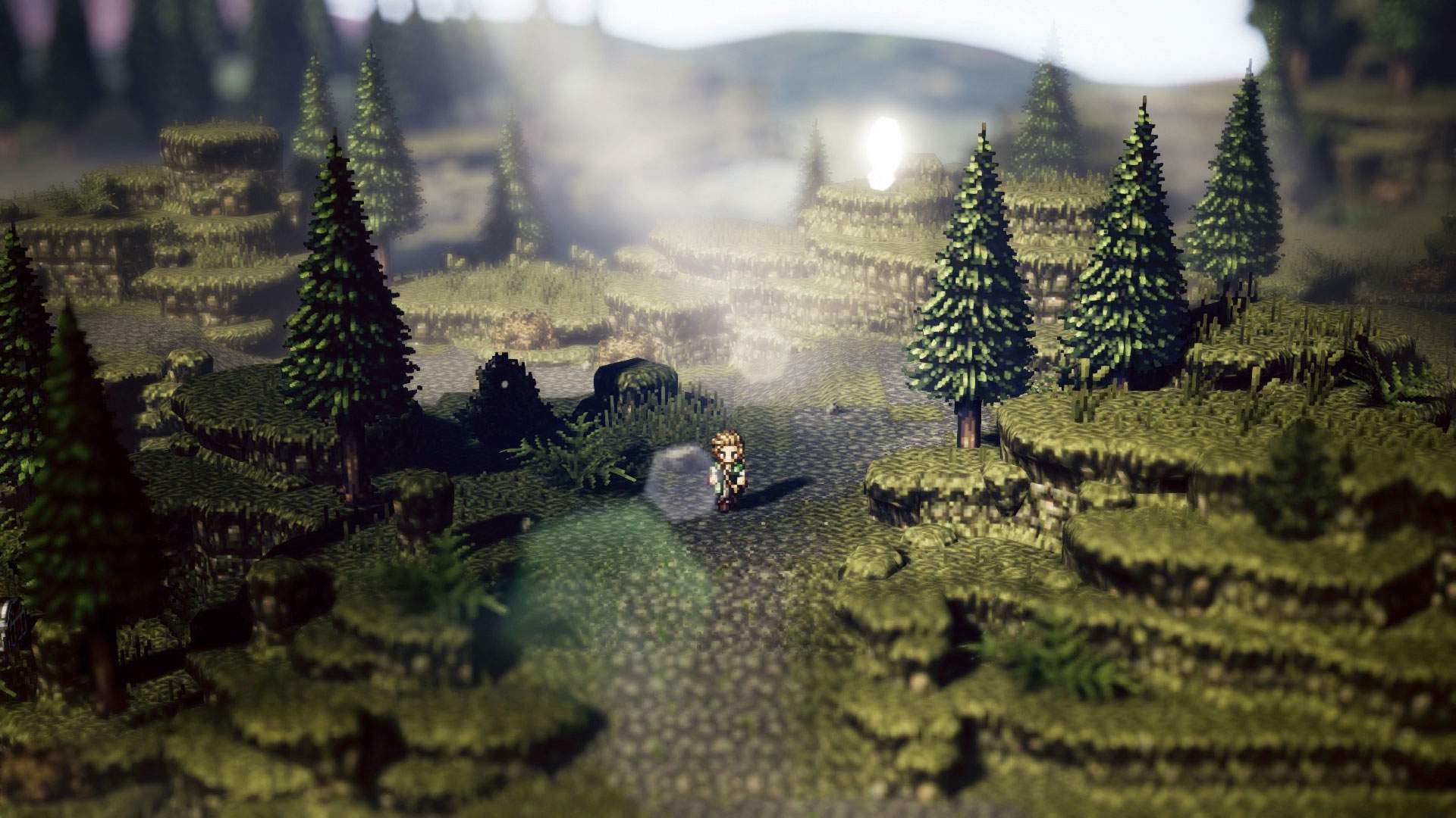 Gameplay screenshot showing Alfyn walking through a sparse forest.
