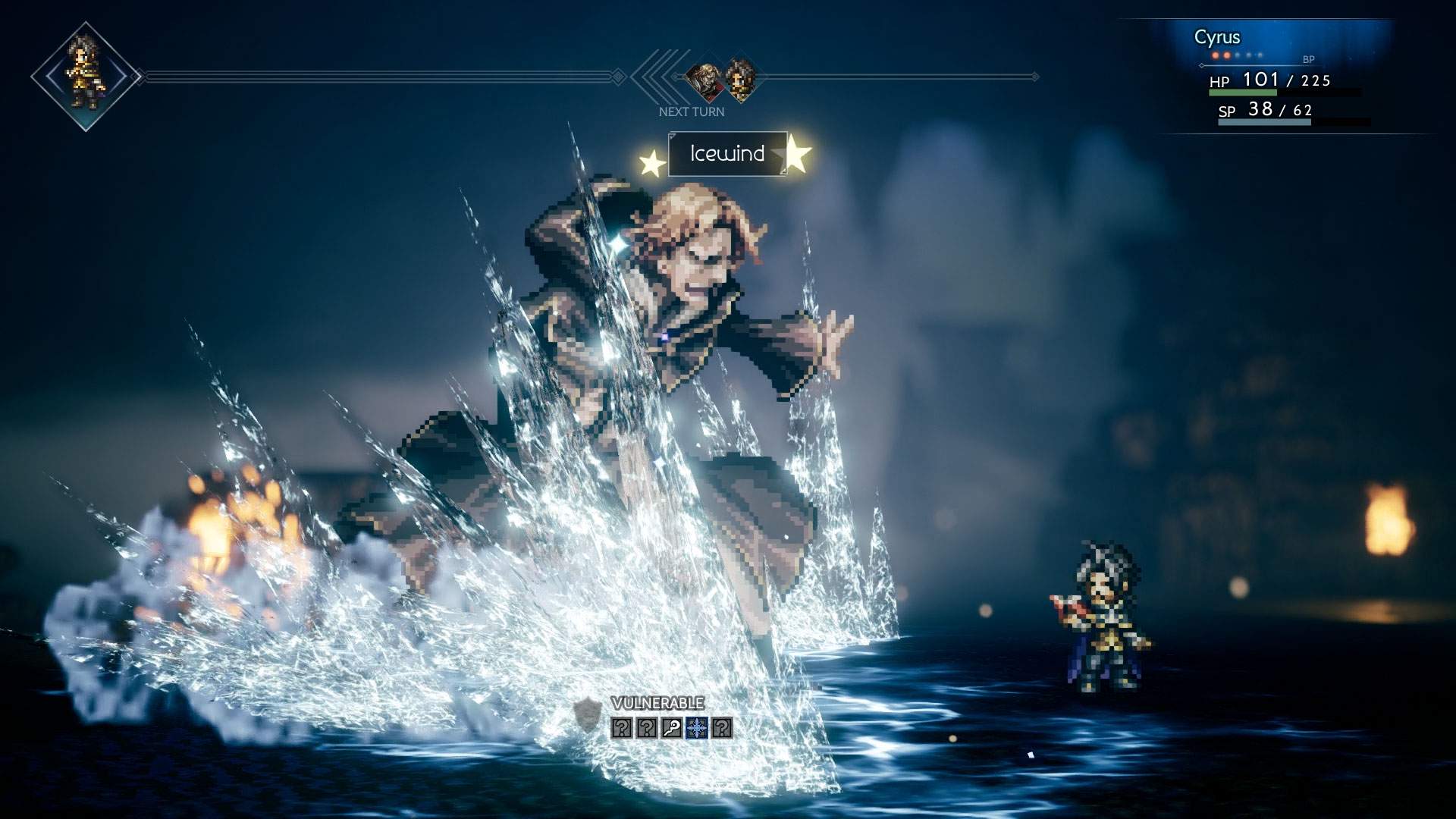 In game battle screenshot showing Cyrus using an ice move on a large enemy in a dark cave full of water.