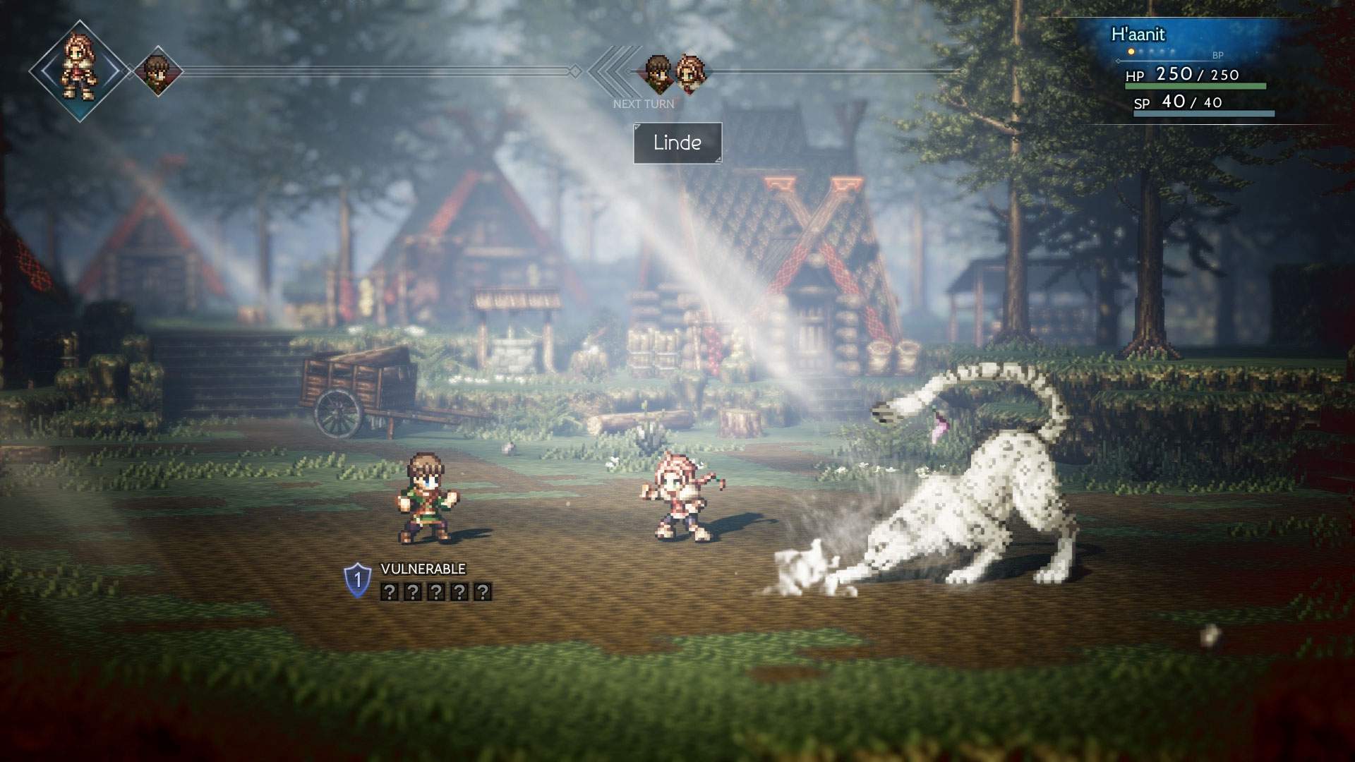 Captura de tela do combate: H'aanit envolvido em um combate por turnos em uma fazenda.