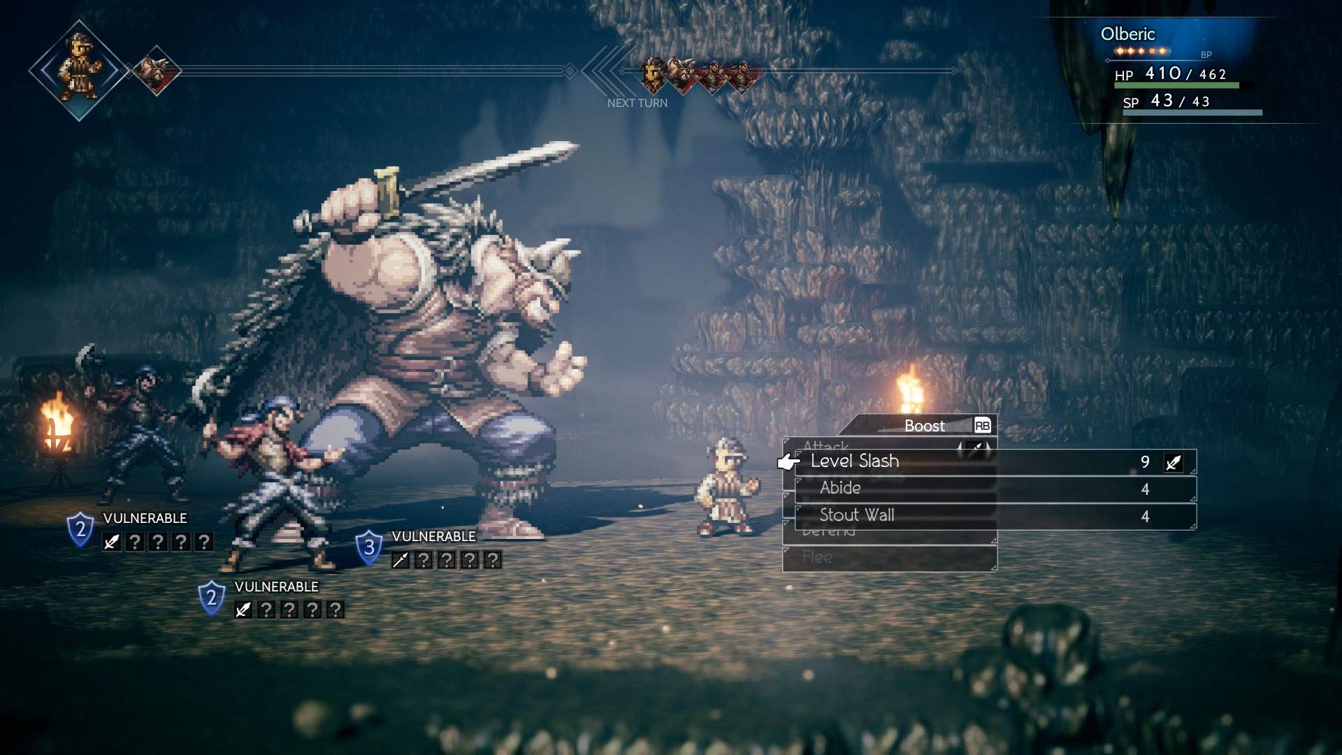 Der Screenshot zeigt Olberic, der es im rundenbasierten Kampf in einem düsteren Dungeon mit drei Gegnern aufnimmt.