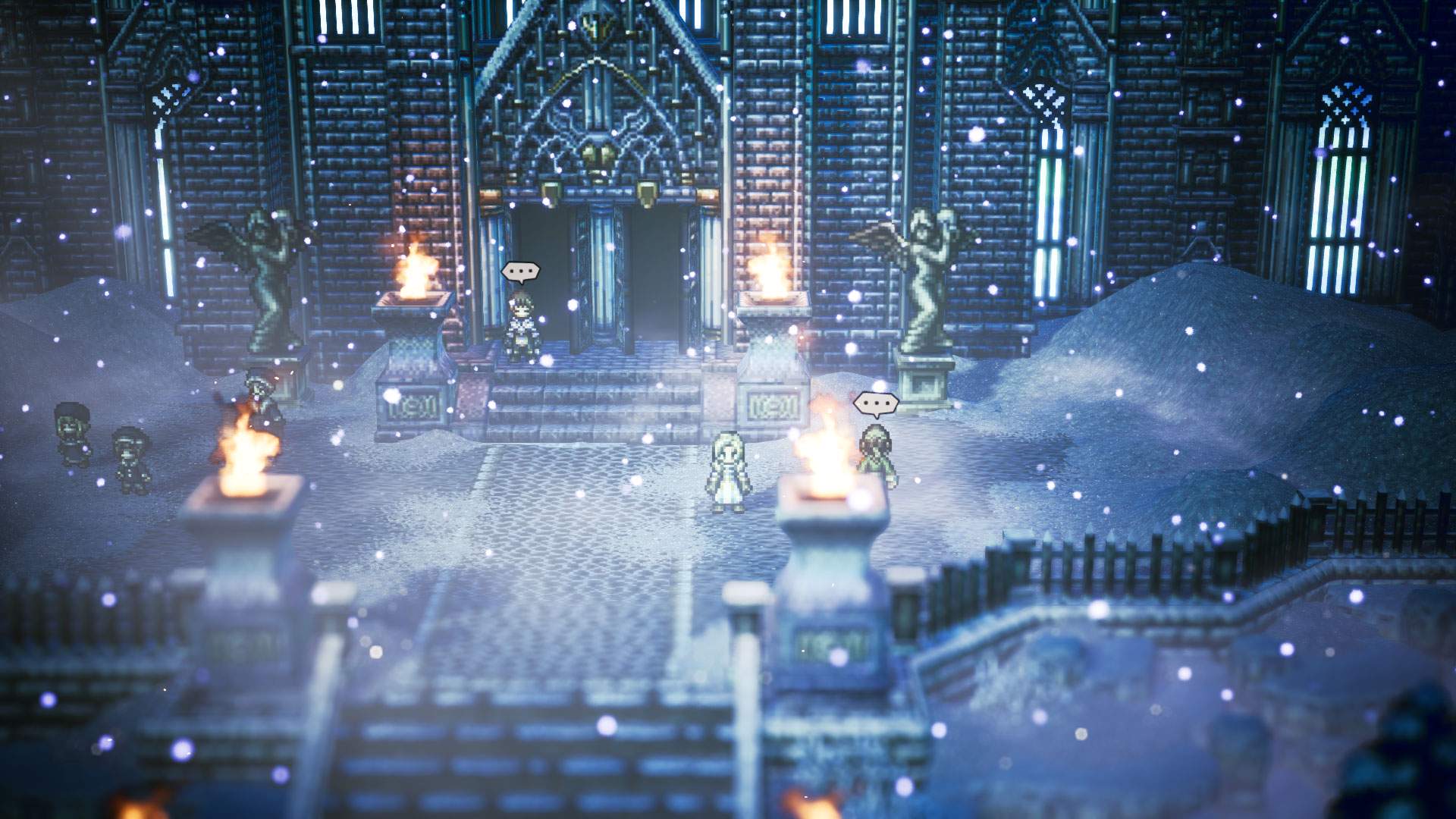 Gameplay screenshot showing Ophilia standing outside a large manor in town as it snows heavily.
