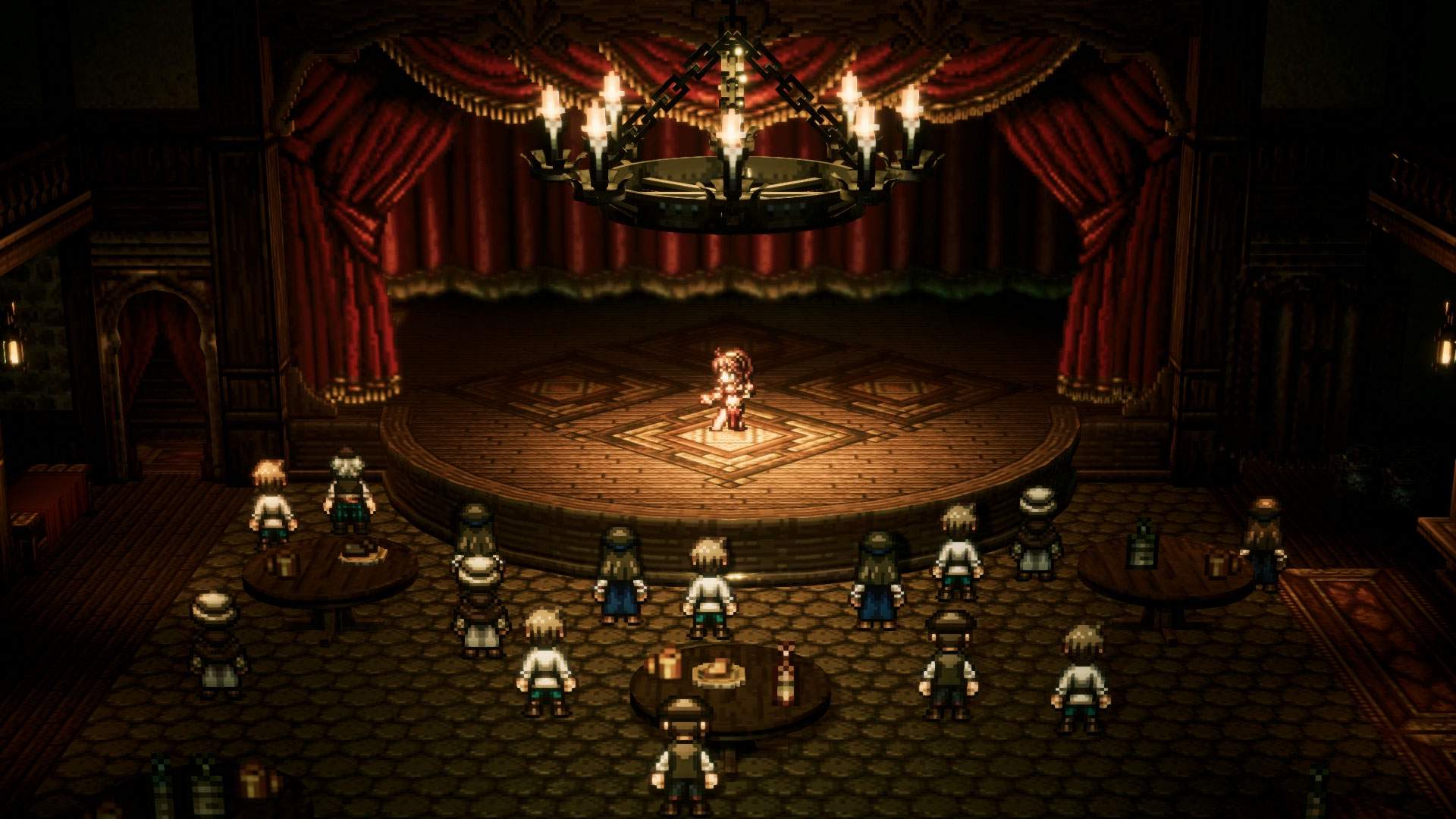 Captura de tela do jogo: Primrose se apresentando em um palco diante do público de uma taverna.