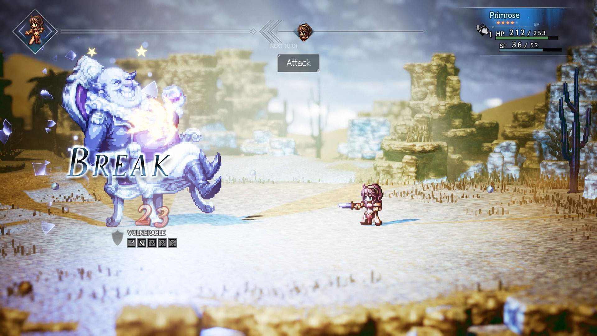 Der Screenshot zeigt Primrose, die in der Wüste einen Angriff gegen einen großen Gegner ausführt.