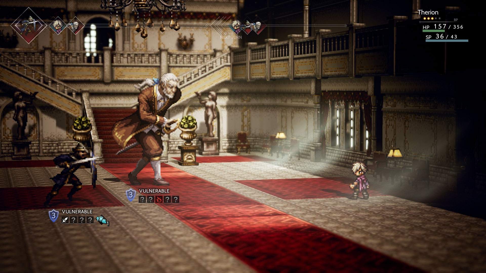 Captura de tela do combate: Therion lutando contra dois inimigos em combate por turnos em uma grande mansão.