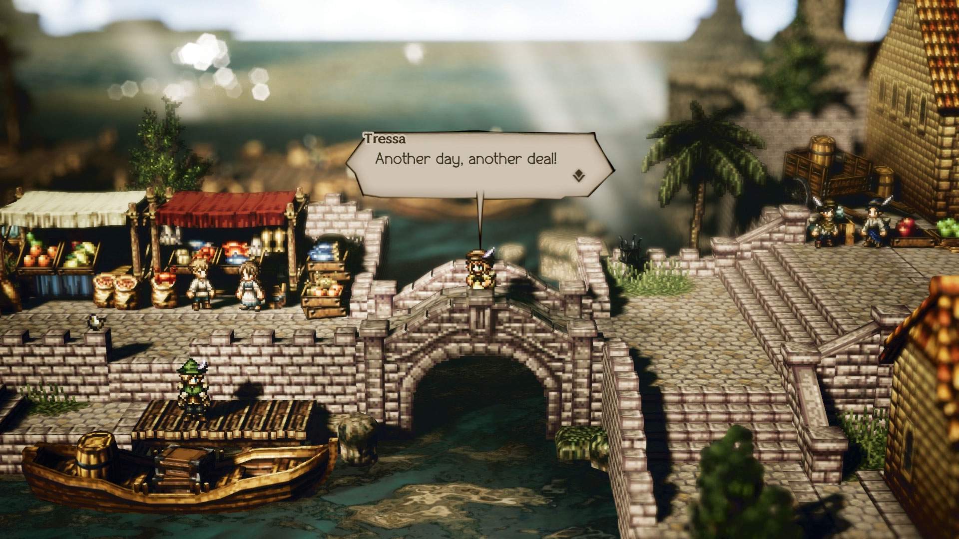 Gameplay screenshot showing Tressa standing on a bridge in the middle of a medieval-style town. 
