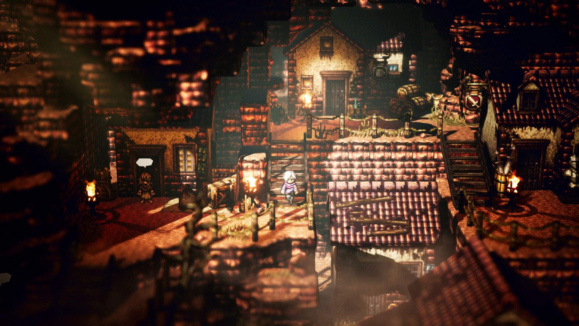 Gameplay screenshot of Therion walking down stairs in the middle of a medieval-style town at dusk