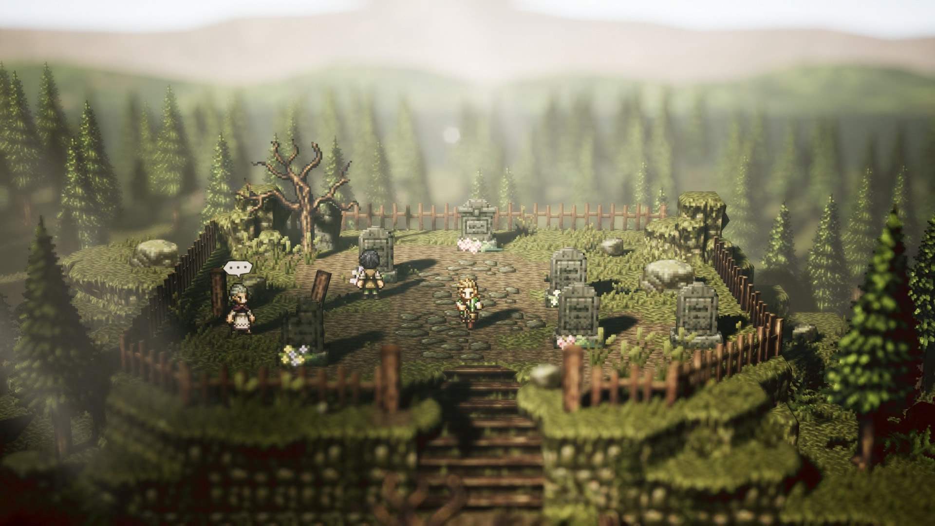Captura de tela do jogo: Alfyn saindo de um cemitério em meio a uma grande floresta de pinheiros.