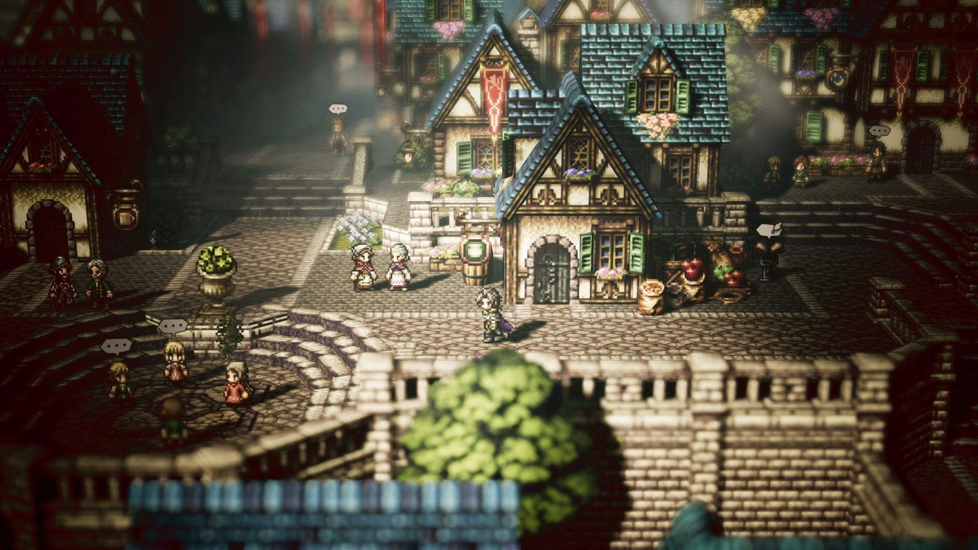 Captura de tela do jogo: Cyrus caminhando por uma vila medieval. 