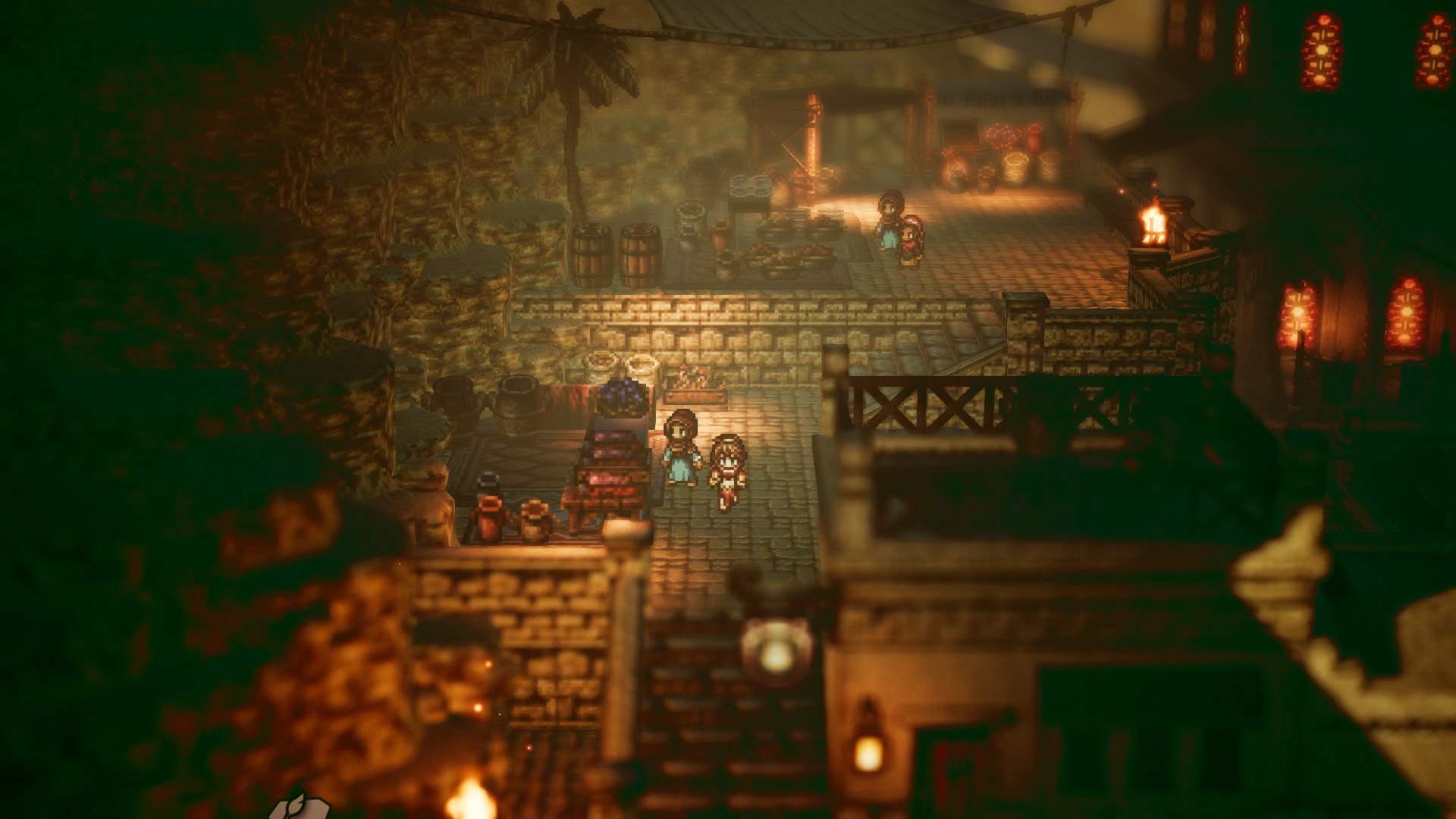Captura de tela do jogo: Primrose cruzando com outro personagem em meio a uma vila medieval.