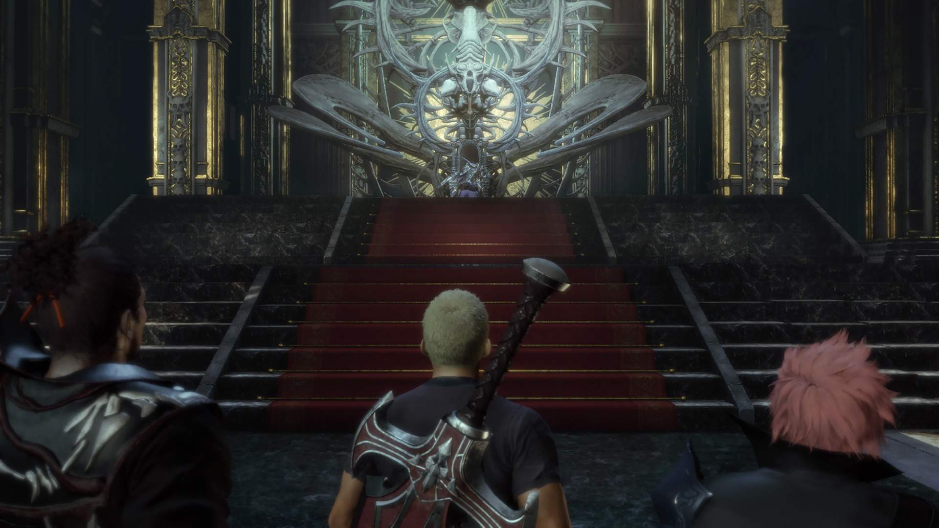 Ash, Jack, and Jed looking at up at a throne