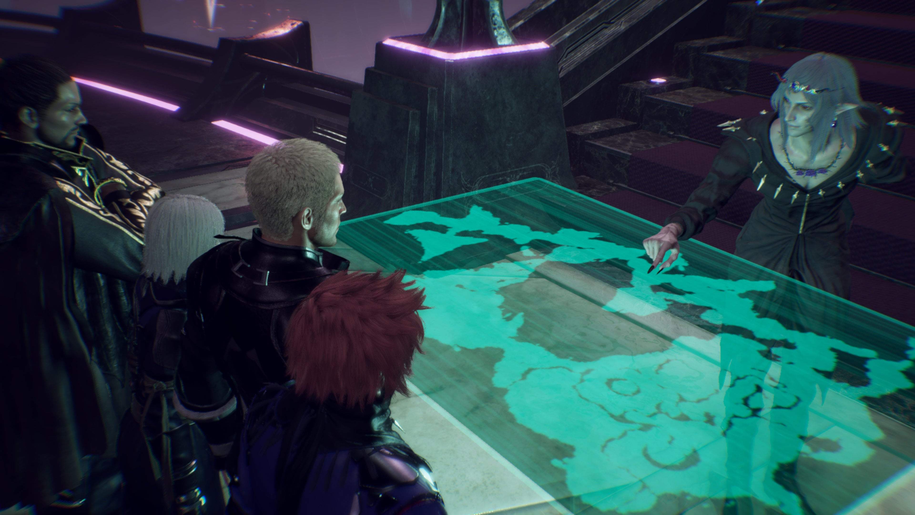 The dark elf Astos shows Ash, Neon, Jack, and Jed a futuristic world map