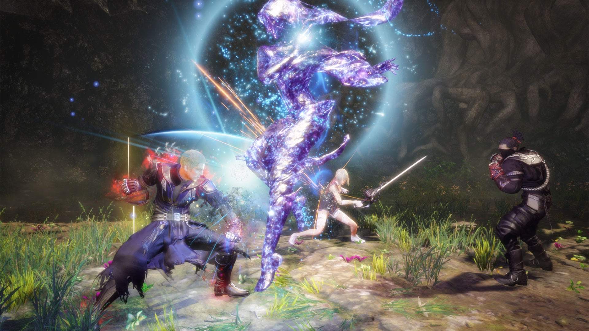 Jack, Neon, and Ash fighting a water elemental enemy
