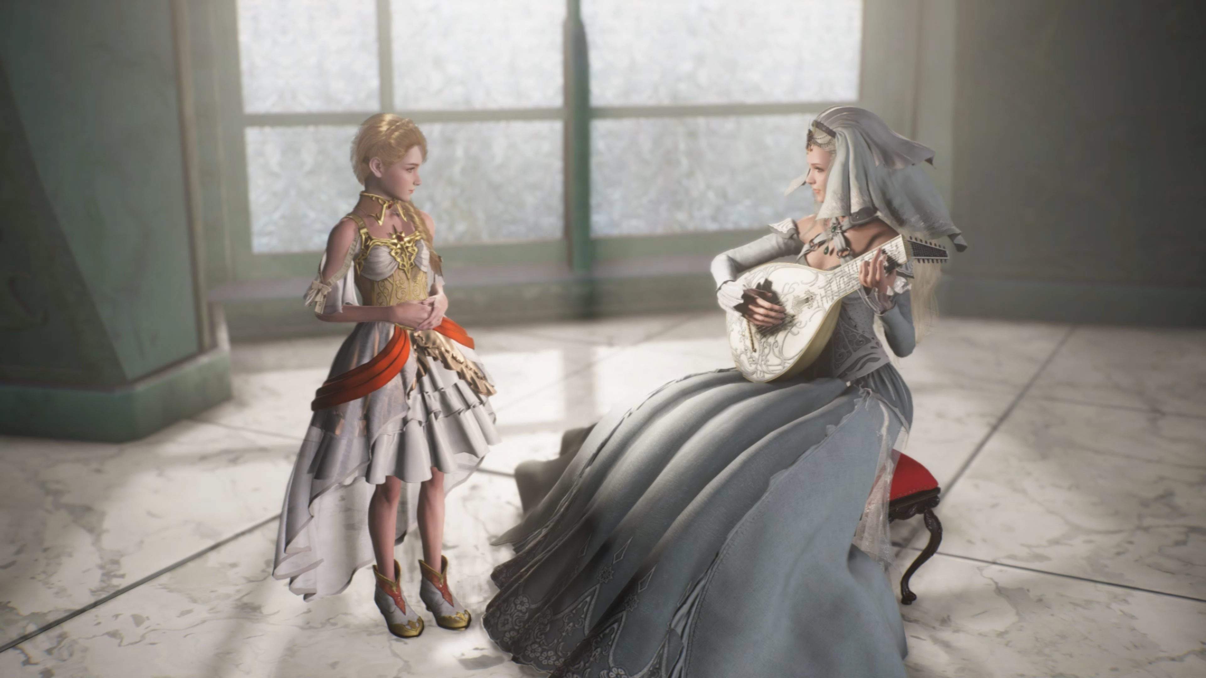 Princess Mia listens to Princess Sarah as she plays the lute