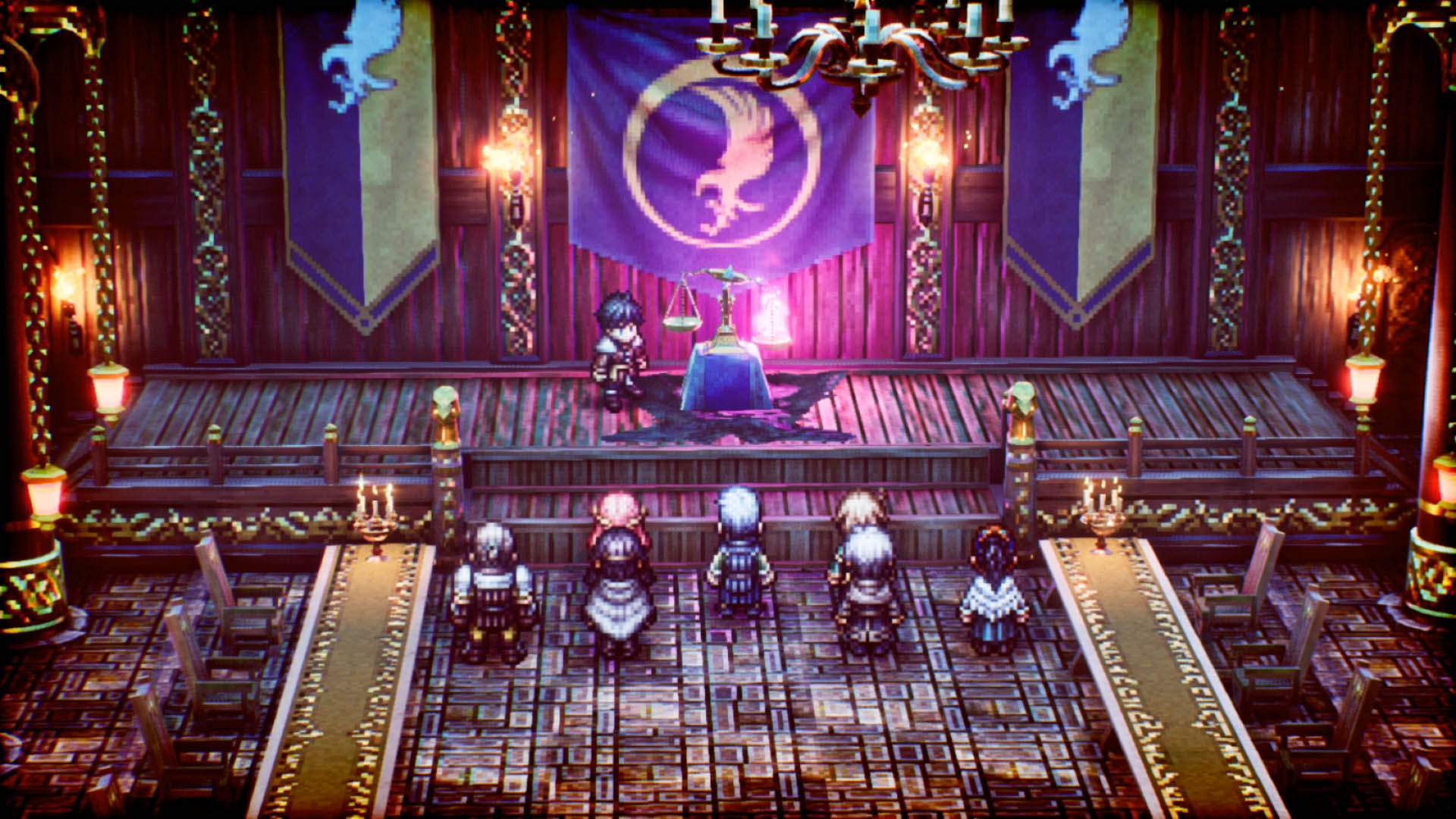 Gameplay screenshot depicting Serenoa during a voting at Wolffort Castle Assembly Hall