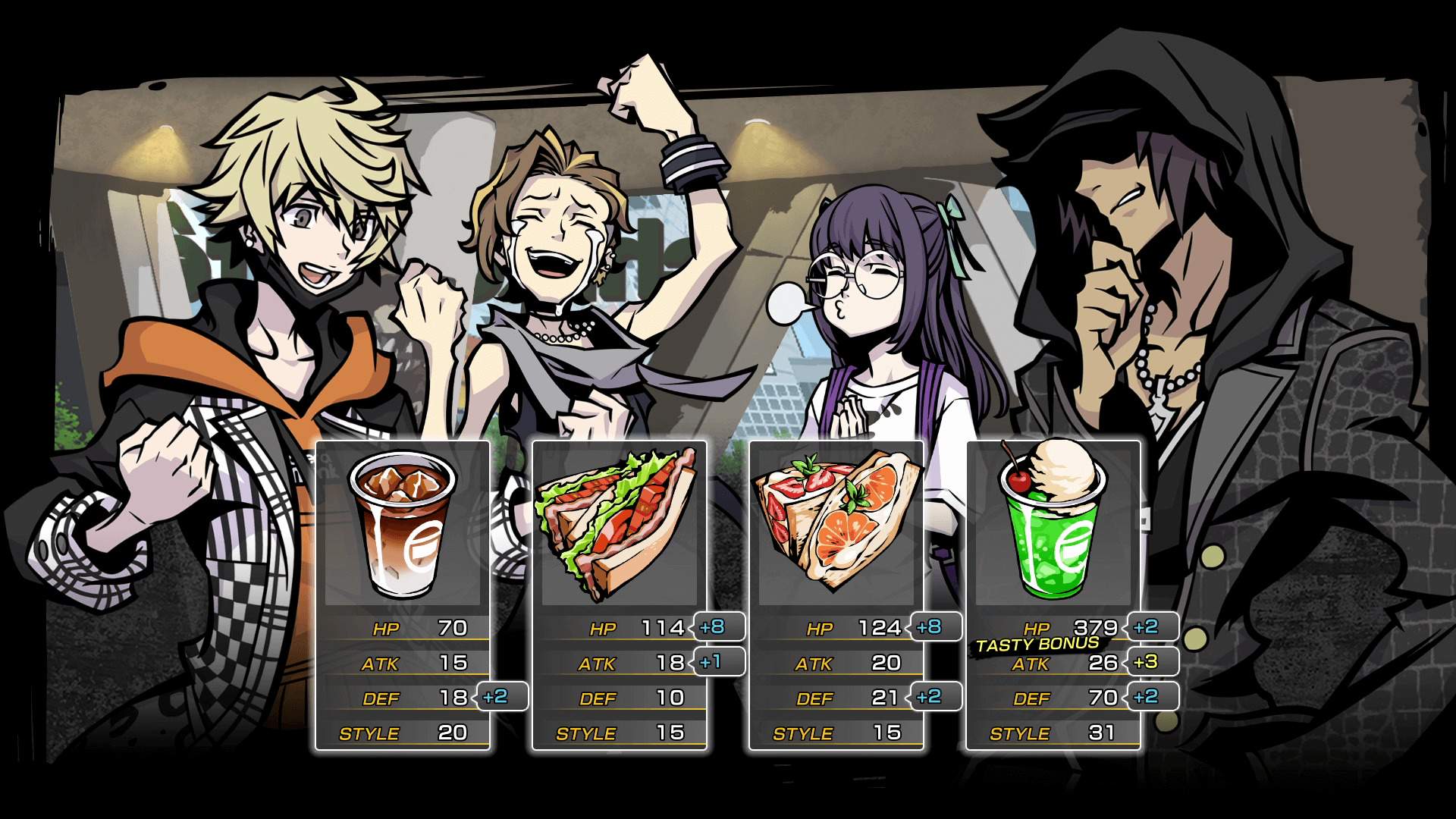 Rindo, Fret, Nagi, Minamimoto, and food items