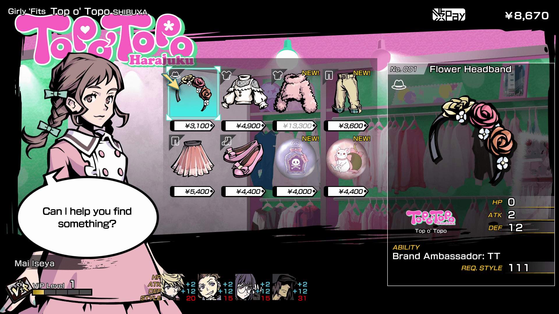 A menu of purchasable items in Top o' Topo
