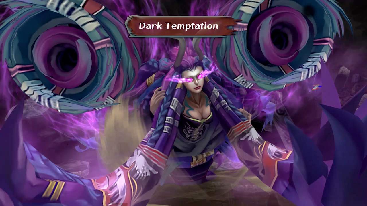 Screenshot eines Kampfs, in dem Schiele „Dark Temptation“ einsetzt.