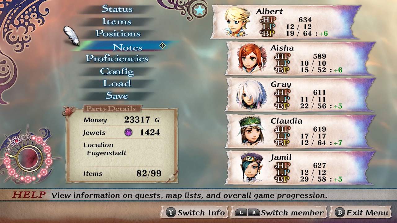 Capture d'écran montrant le groupe de 5 personnages du joueur et le menu