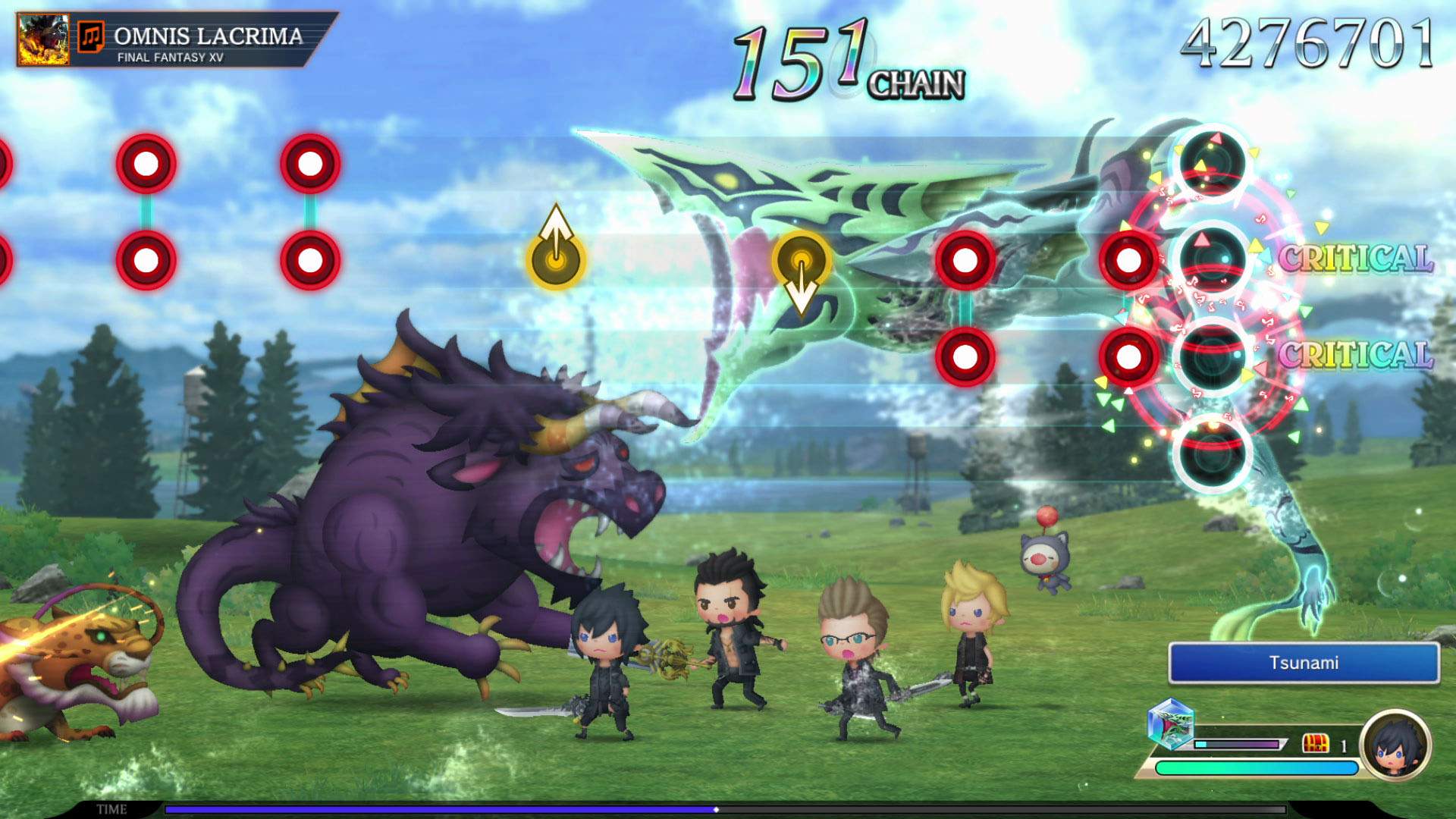 Gameplay screenshot of a multi-player battle with the music of "OMNIS LACRIMA" from FINAL FANTASY 15