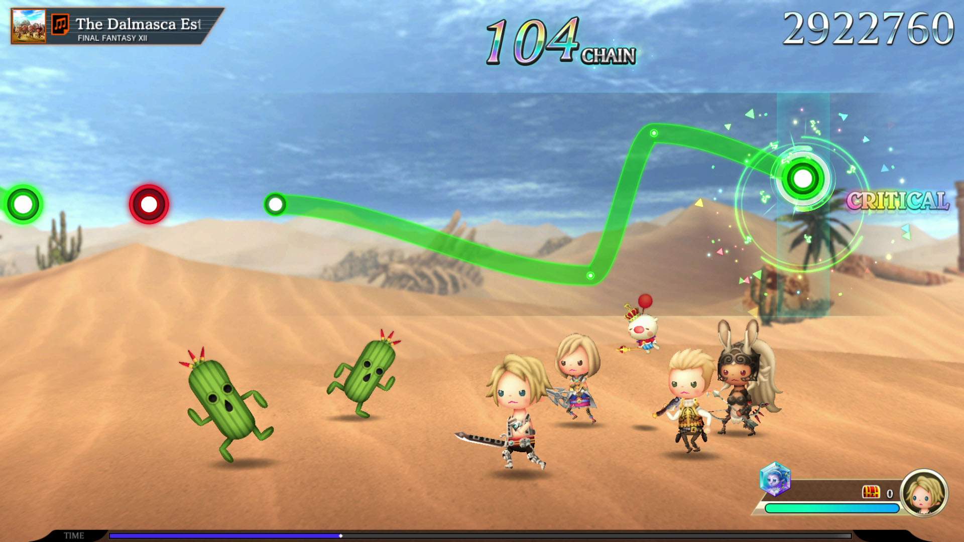 FINAL FANTASY-Charaktere und Kaktoren kämpfen in der Wüste zur Musik aus FINAL FANTASY 12.