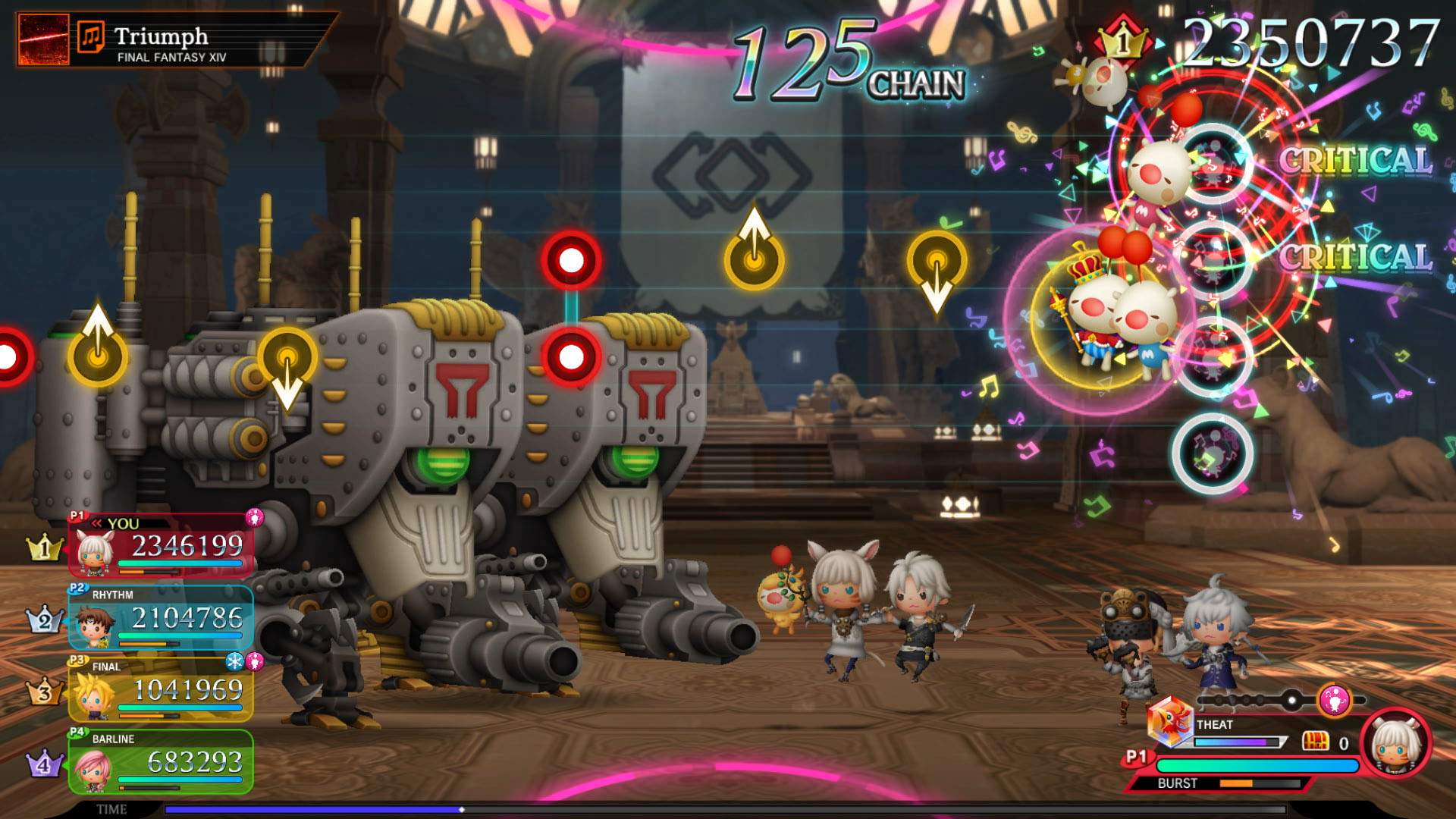 Gameplay screenshot of a battle set to the music of triumph from FINAL FANTASY 14