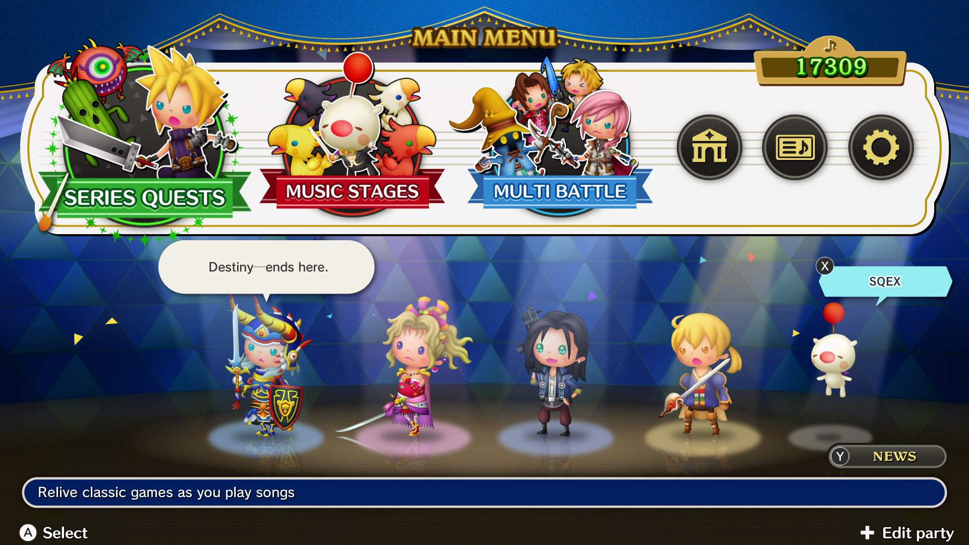 Screenshot of the main menu screen for THEATRHYTHM FINAL BAR LINE