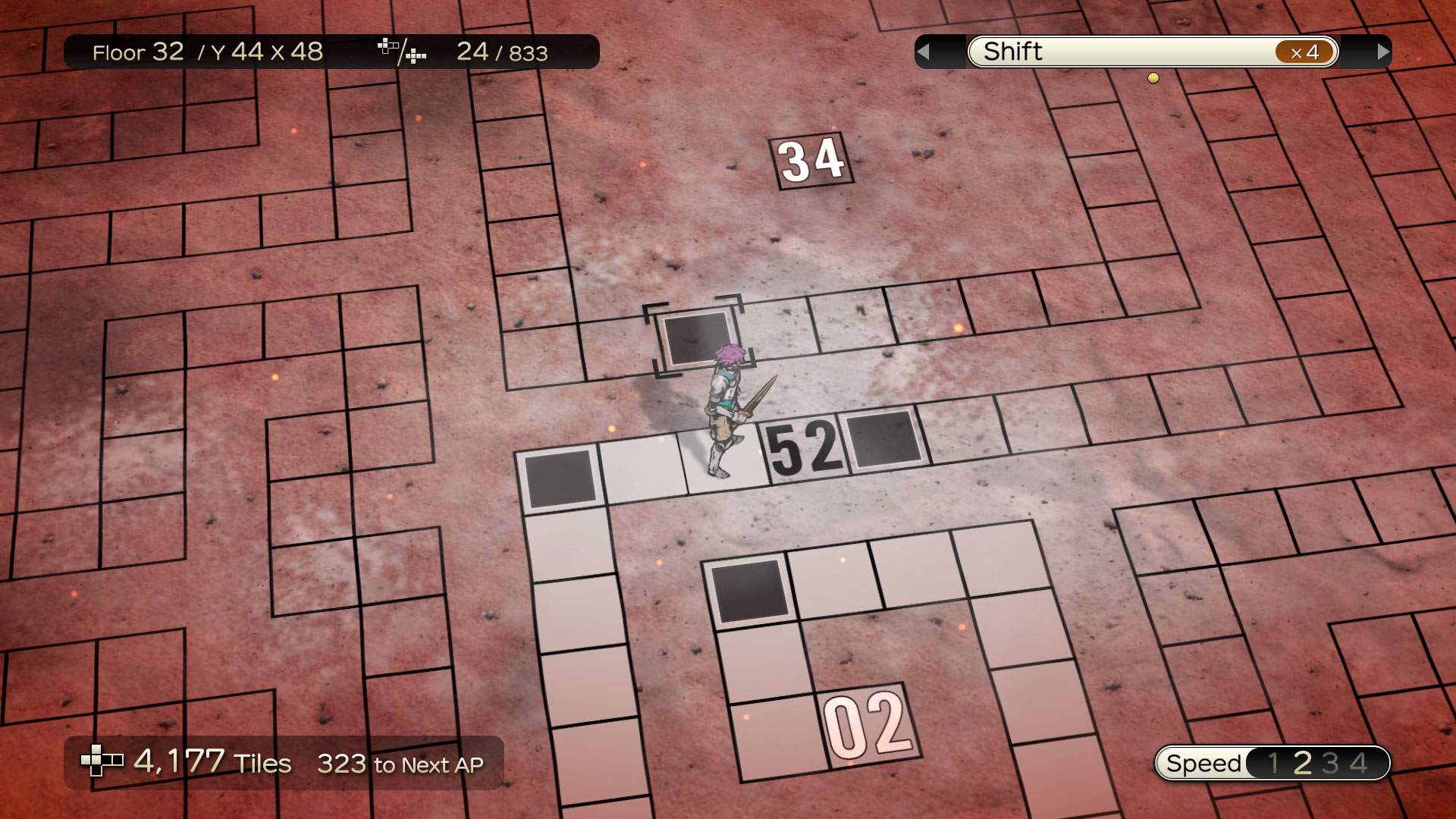 Gameplay screenshot of a character on a grid-based map. A tile with a black square is highlighted.
