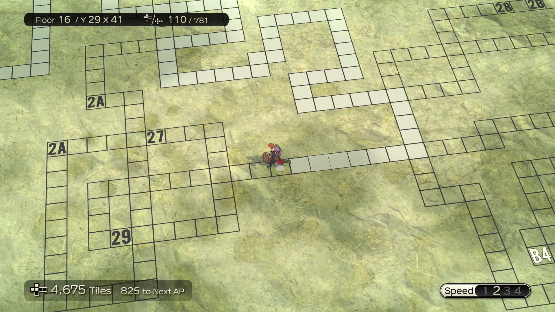 Gameplay screenshot showing a character stepping onto a tile, on a grid-based map on floor 16.