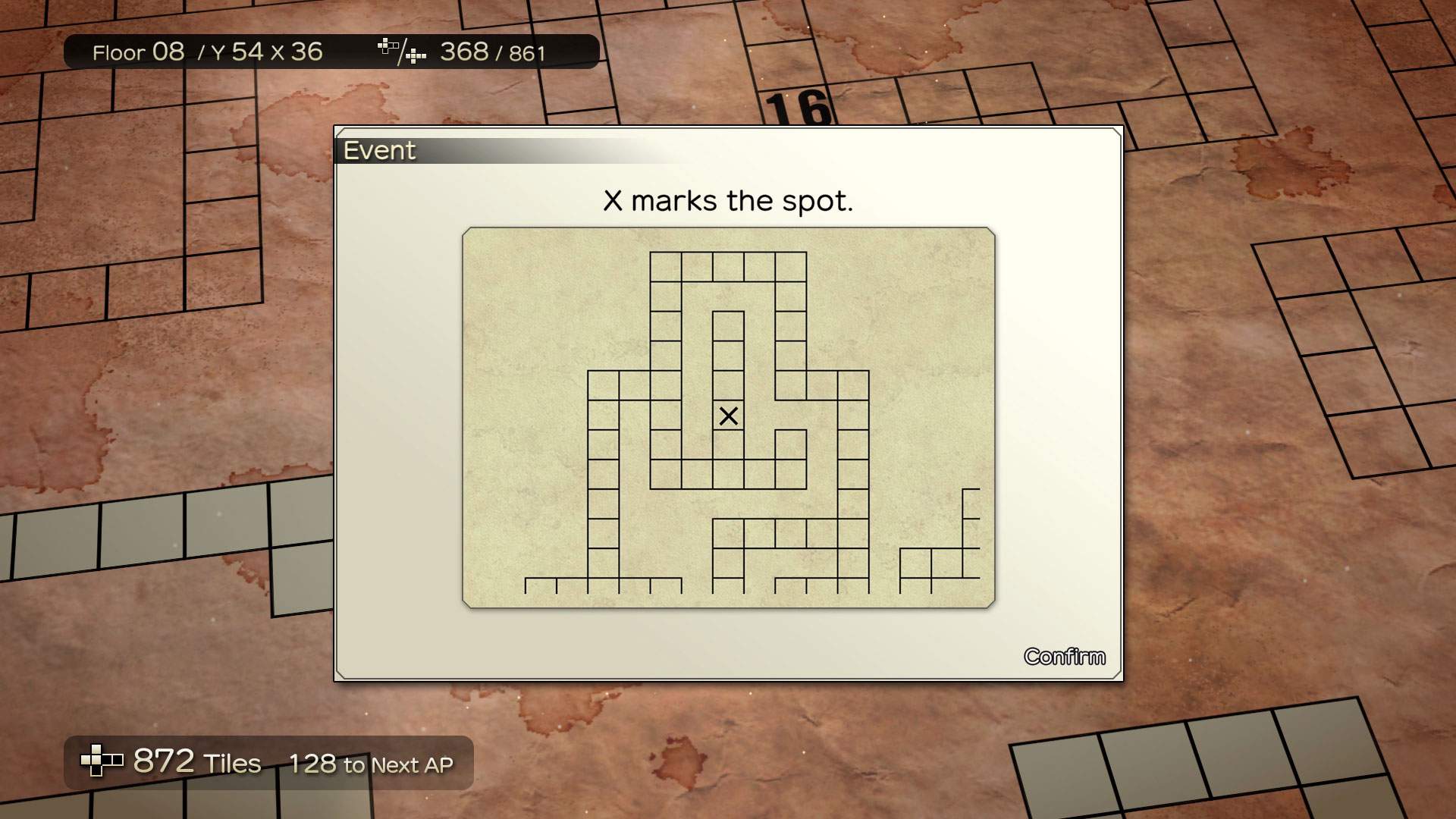 Gameplay screenshot showing an event - "X marks the spot" with a map and a cross in the middle.