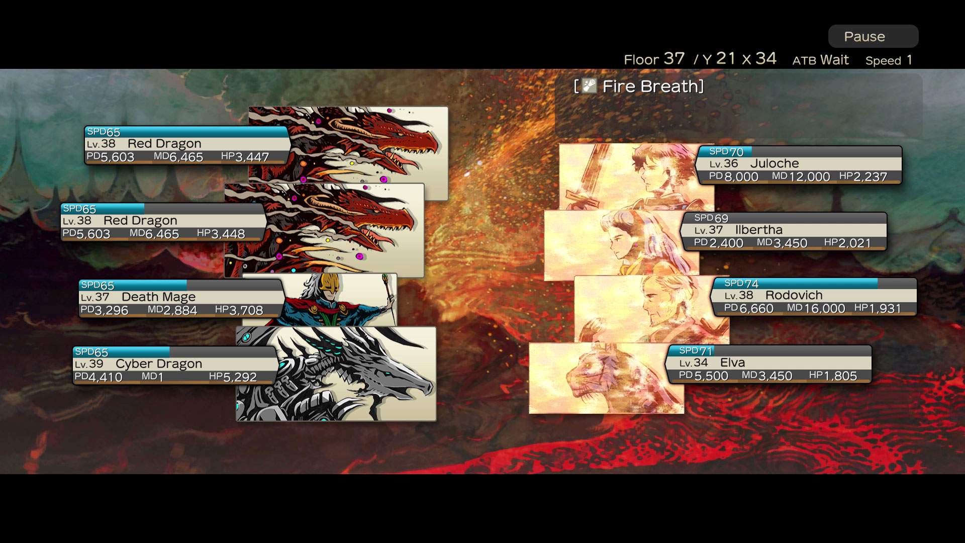 Gameplay screenshot of a turn based battle, with 4 characters facing off against 4 enemies.