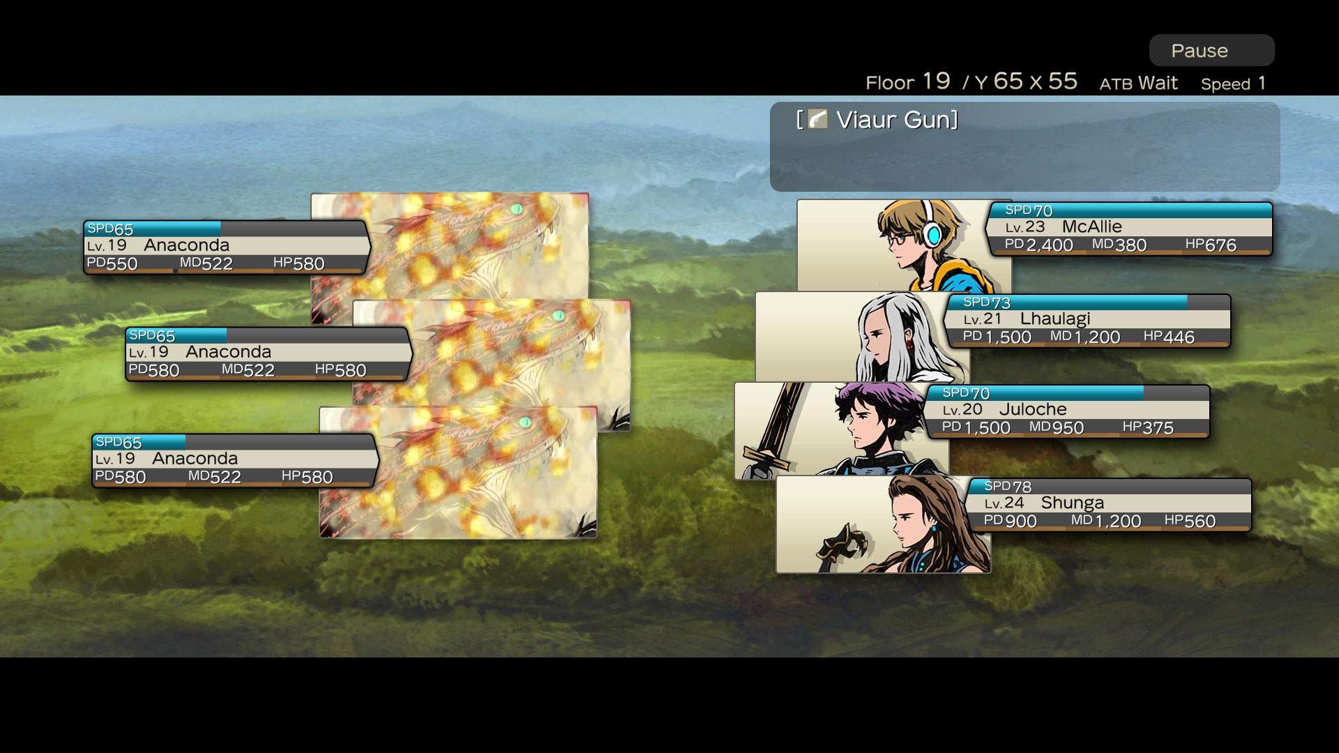 Image de gameplay d'un combat au tour par tour où quatre personnages font face à trois ennemis.