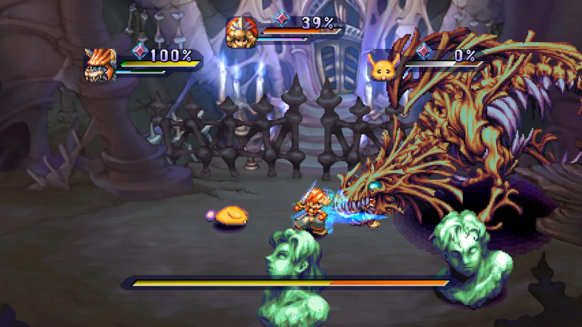 Pantalla de una batalla de Legend of Mana que muestra a un grupo enfrentándose a un monstruo grande en una mazmorra