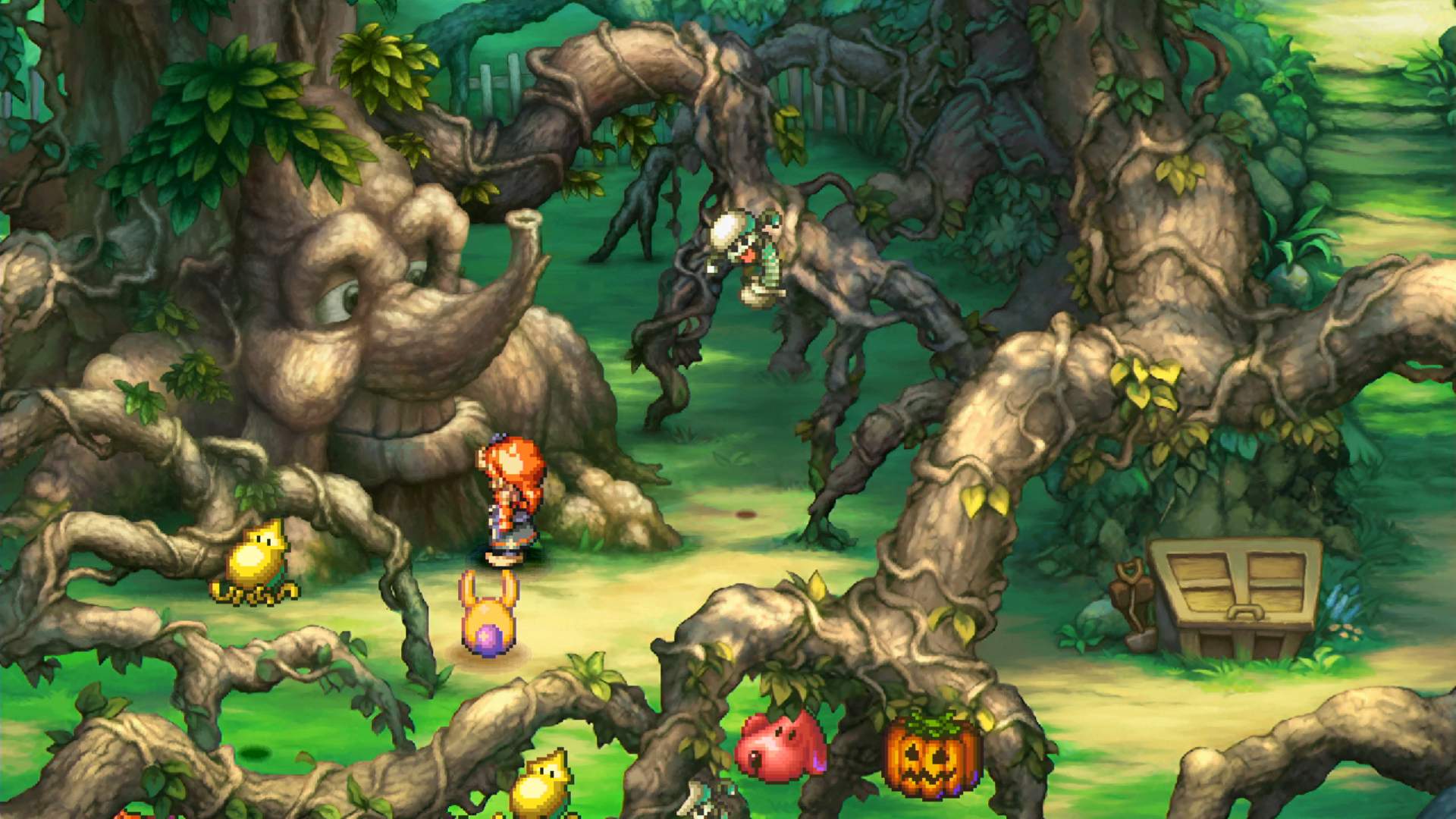 The Legend of Mana hero is standing in the Mana Orchard, in front of Trent.