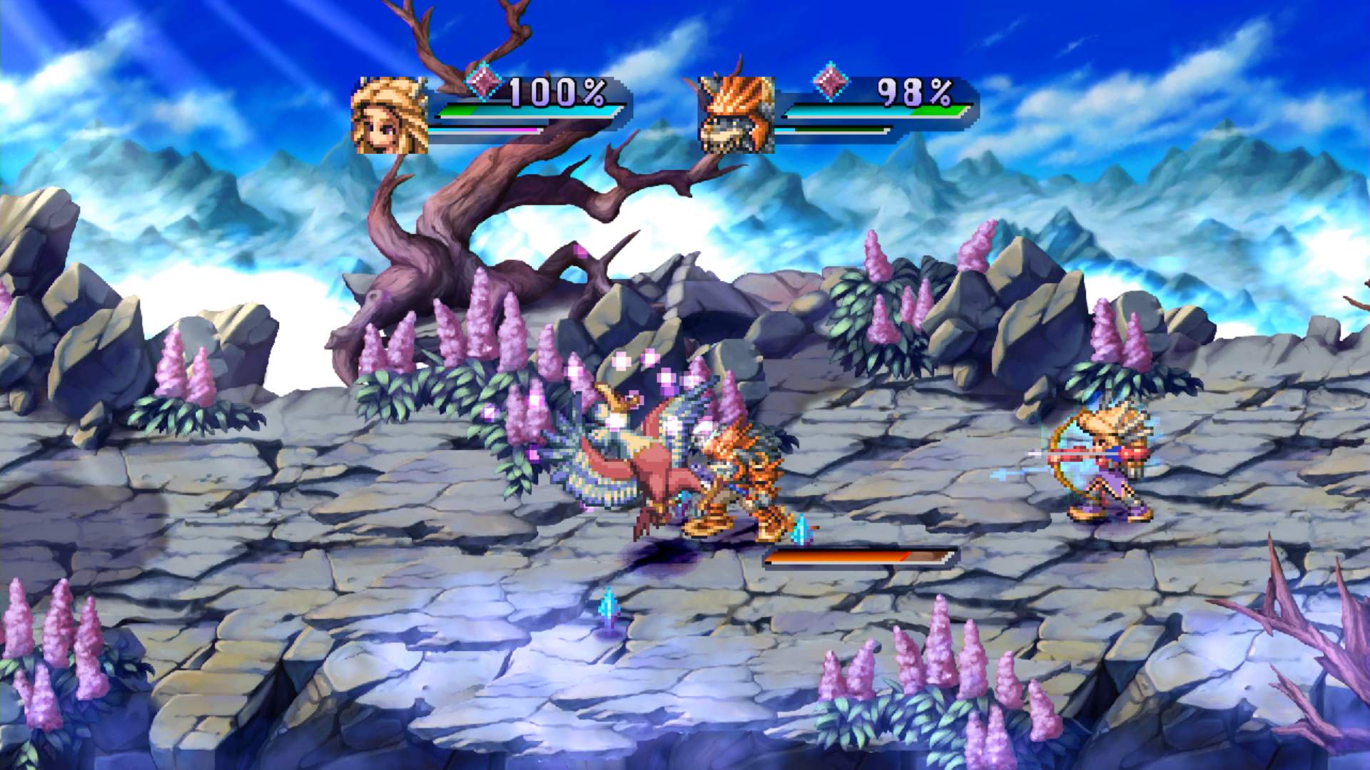 Pantalla de una batalla de Legend of Mana que muestra a un grupo enfrentándose a un monstruo en un paisaje abierto