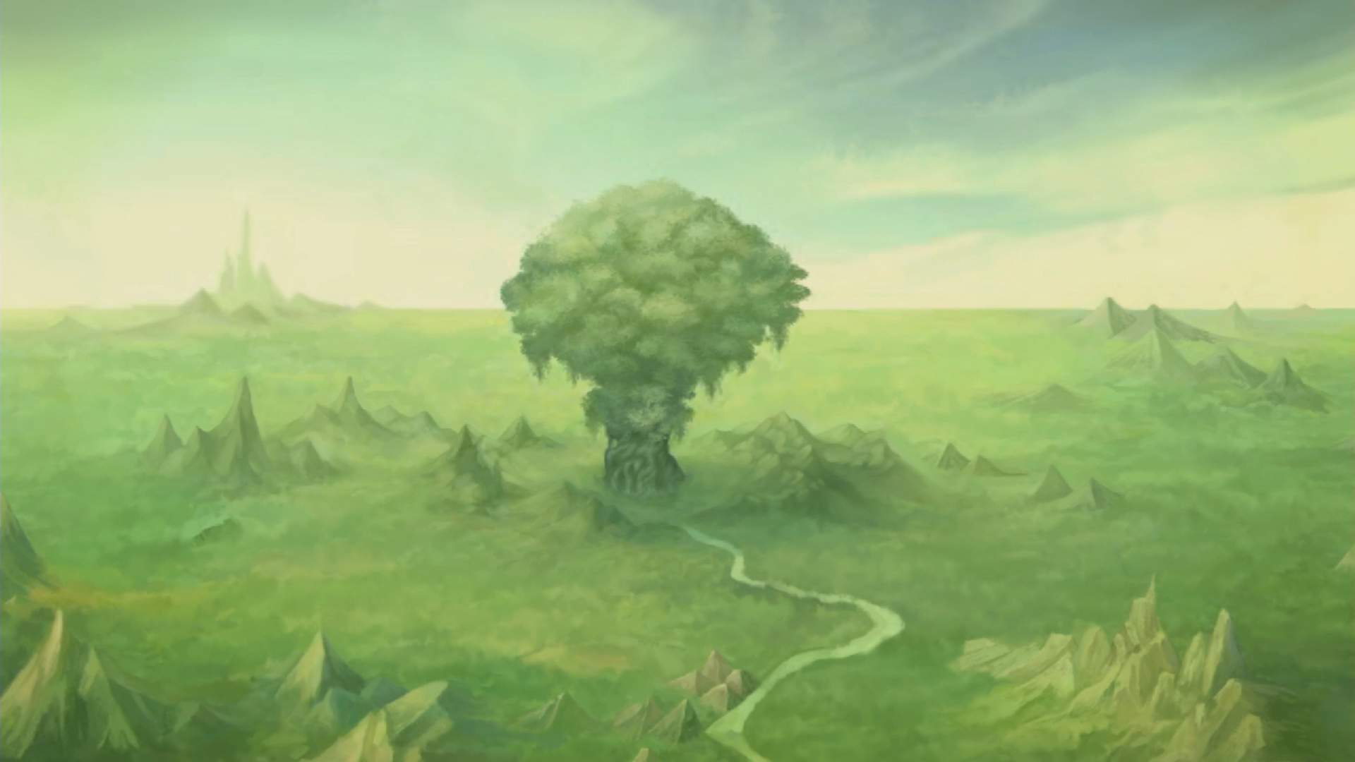 Ein Blick auf den Mana-Baum aus der Ferne. Er steht in einer grünen Landschaft.