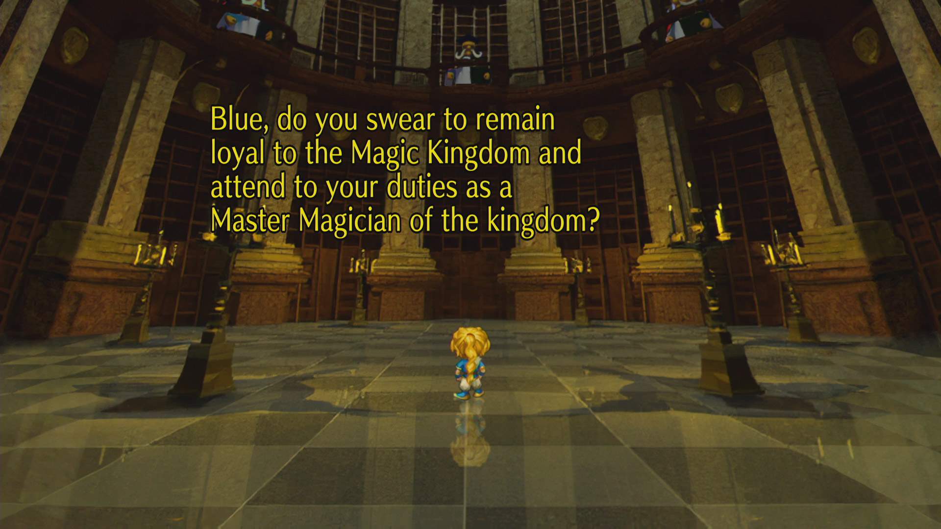 Der Charakter BLUE aus SaGa Frontier Remastered, wie er in der Mitte eines Raums steht. Von oben blicken weitere Charaktere auf ihn herab. Außerdem sind Dialogzeilen des Spiels zu sehen.