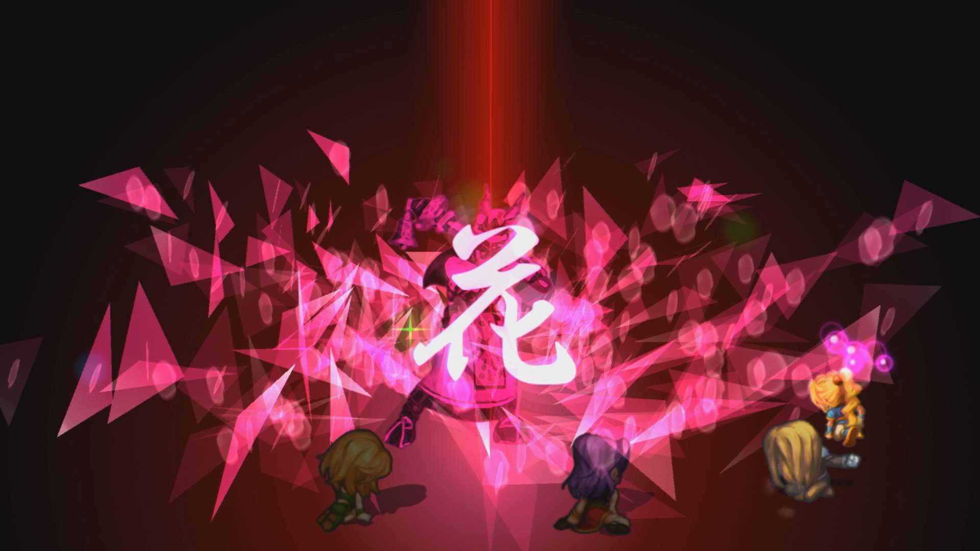 Au premier plan de l'écran de combat de SaGa Frontier Remastered, 4 personnages attaquent un ennemi. L'effet se traduit par des fragments roses et un kanji au centre.