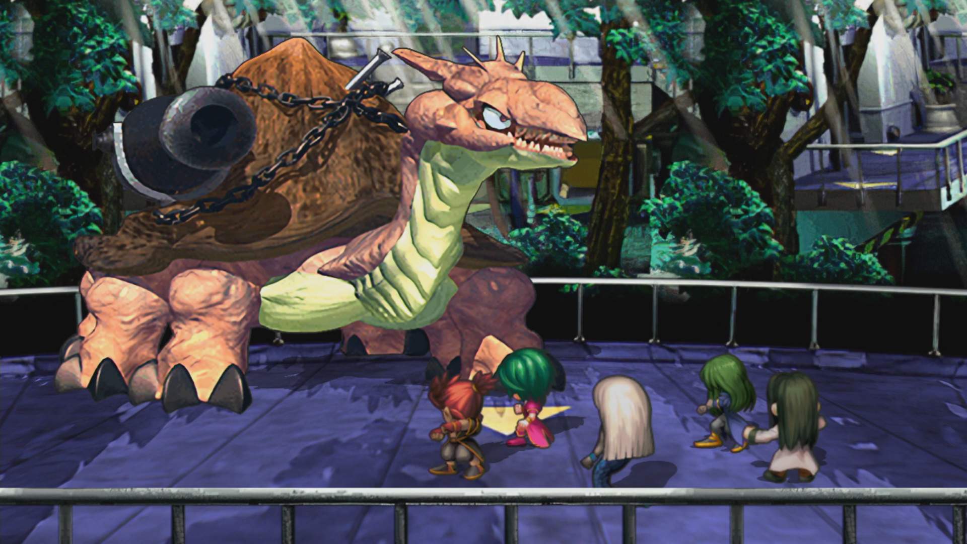 5 personagens de SaGa Frontier Remastered enfrentam um grande monstro em um laboratório.