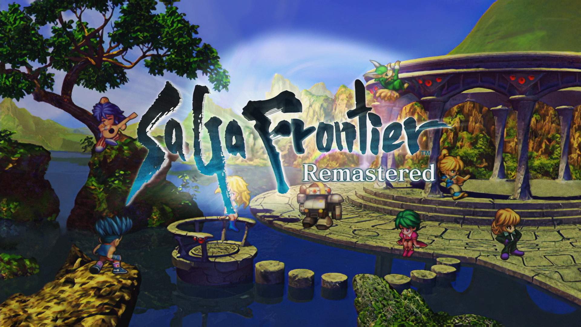 Les 8 protagonistes de SaGa Frontier Remastered au bord d'un lac, avec le logo du jeu au centre de l'image.