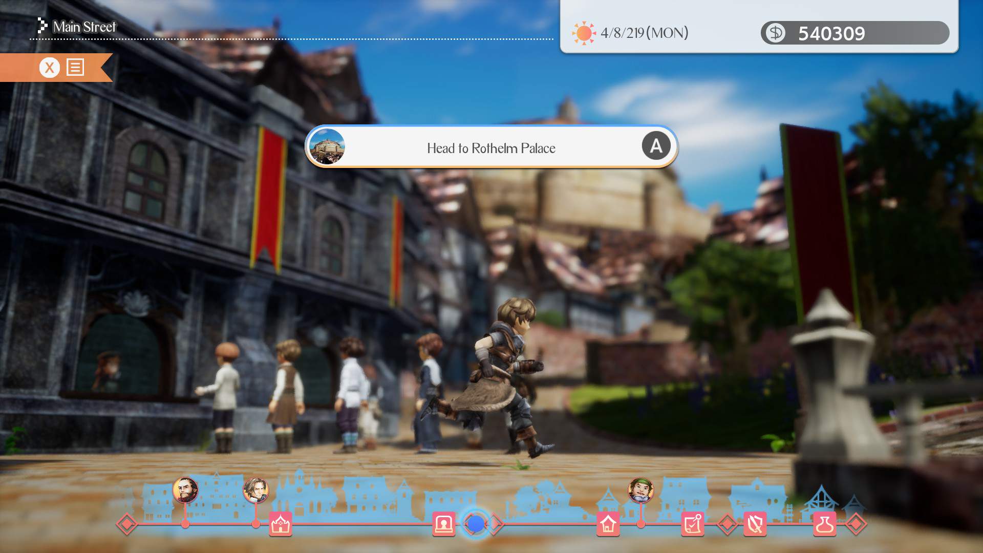 Gameplay screenshot of the protagonist character running through town