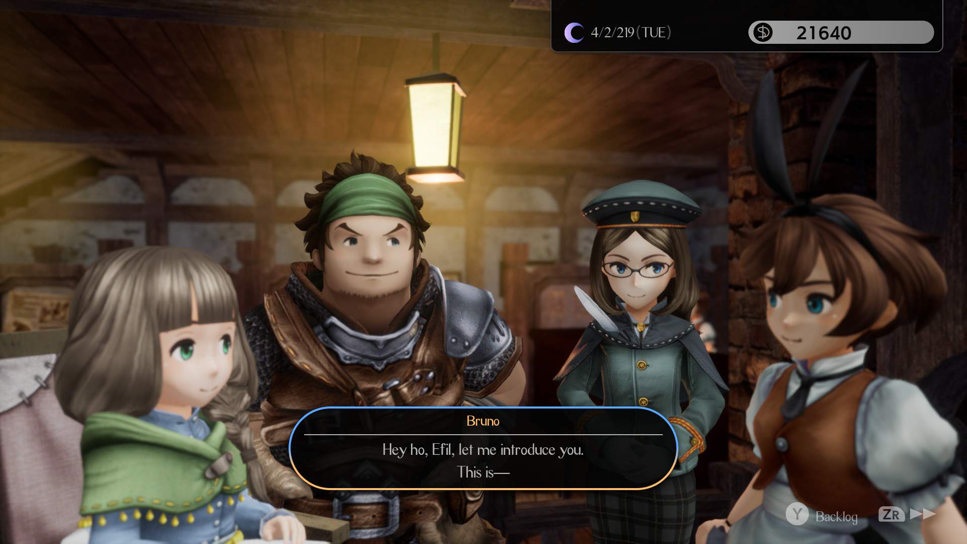 Gameplay-Screenshot von vier spielbaren Charakteren und einem Dialogfenster.